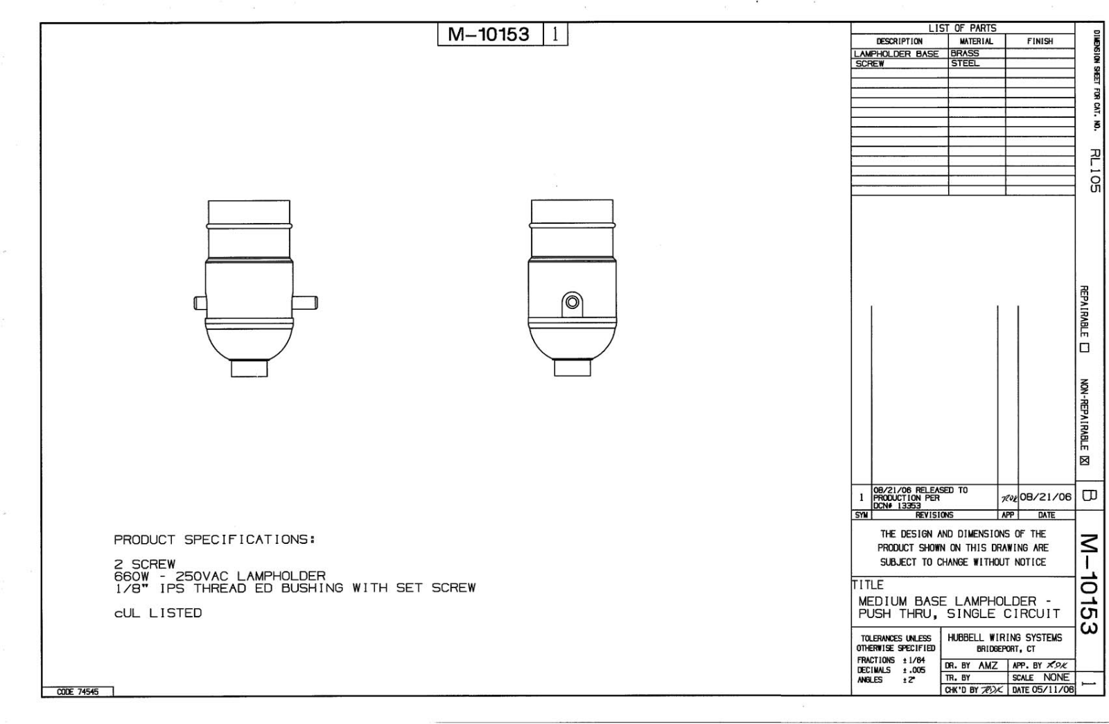 Hubbell RL105 Reference Drawing