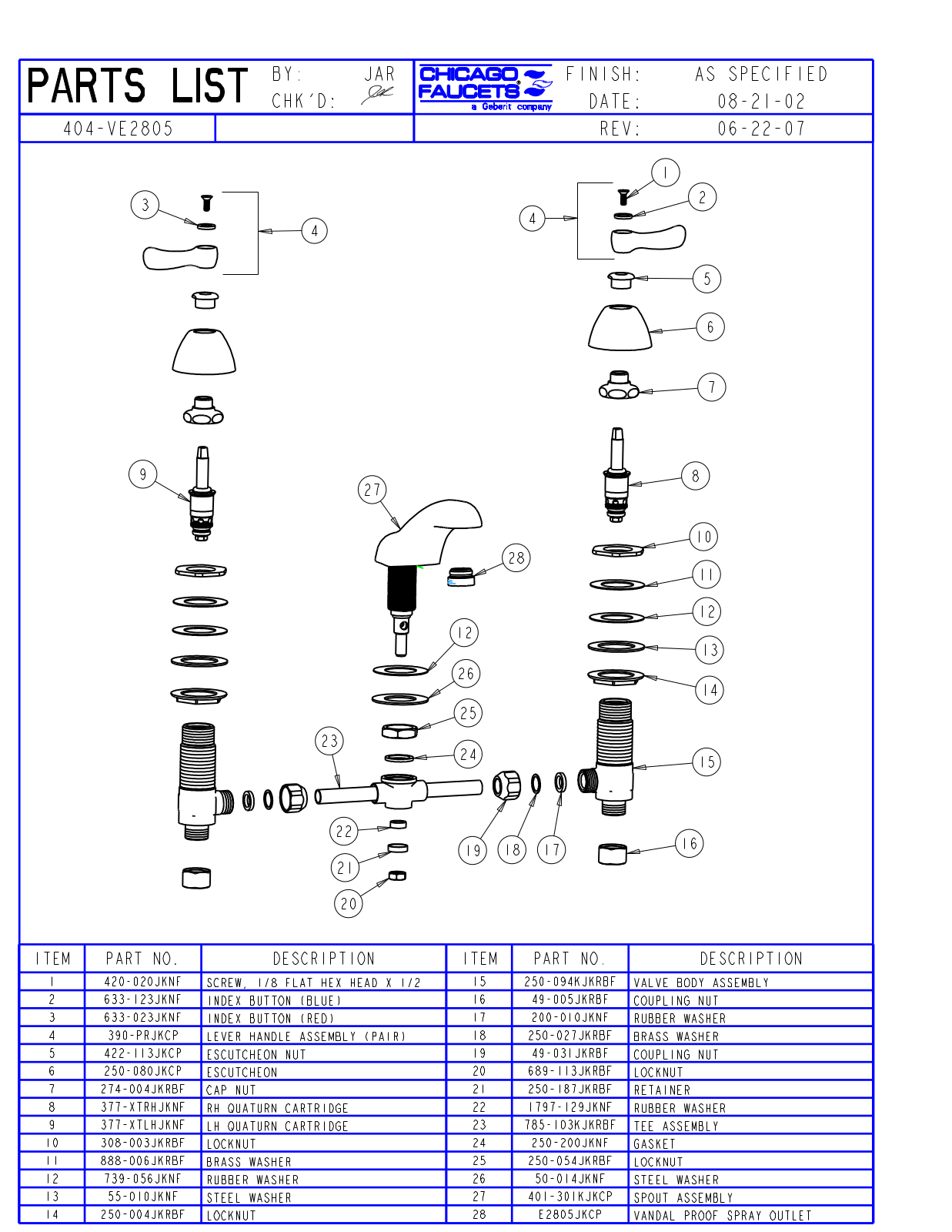 Chicago Faucet 404-VE2805CP Parts List