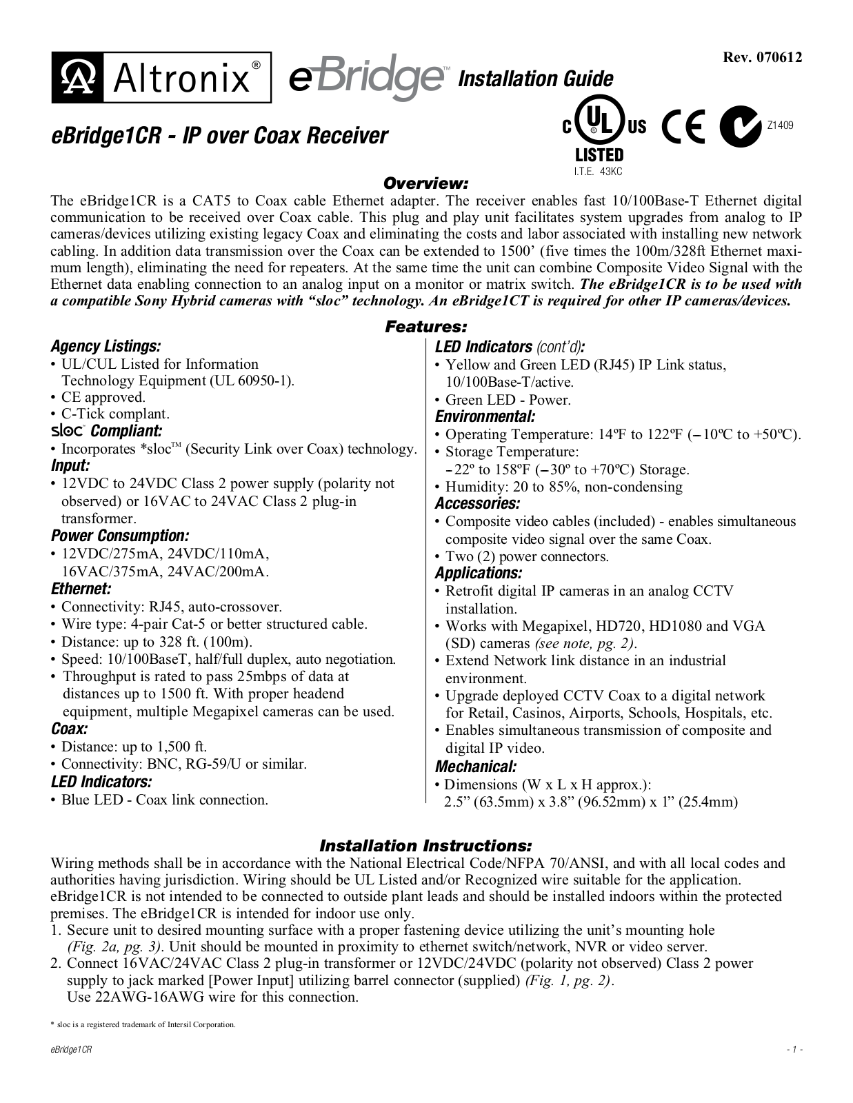 Altronix eBridge1CR Installation Instructions