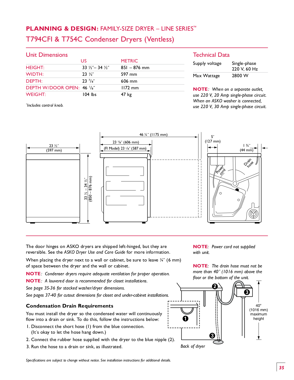 Asko T754CW Specsheet