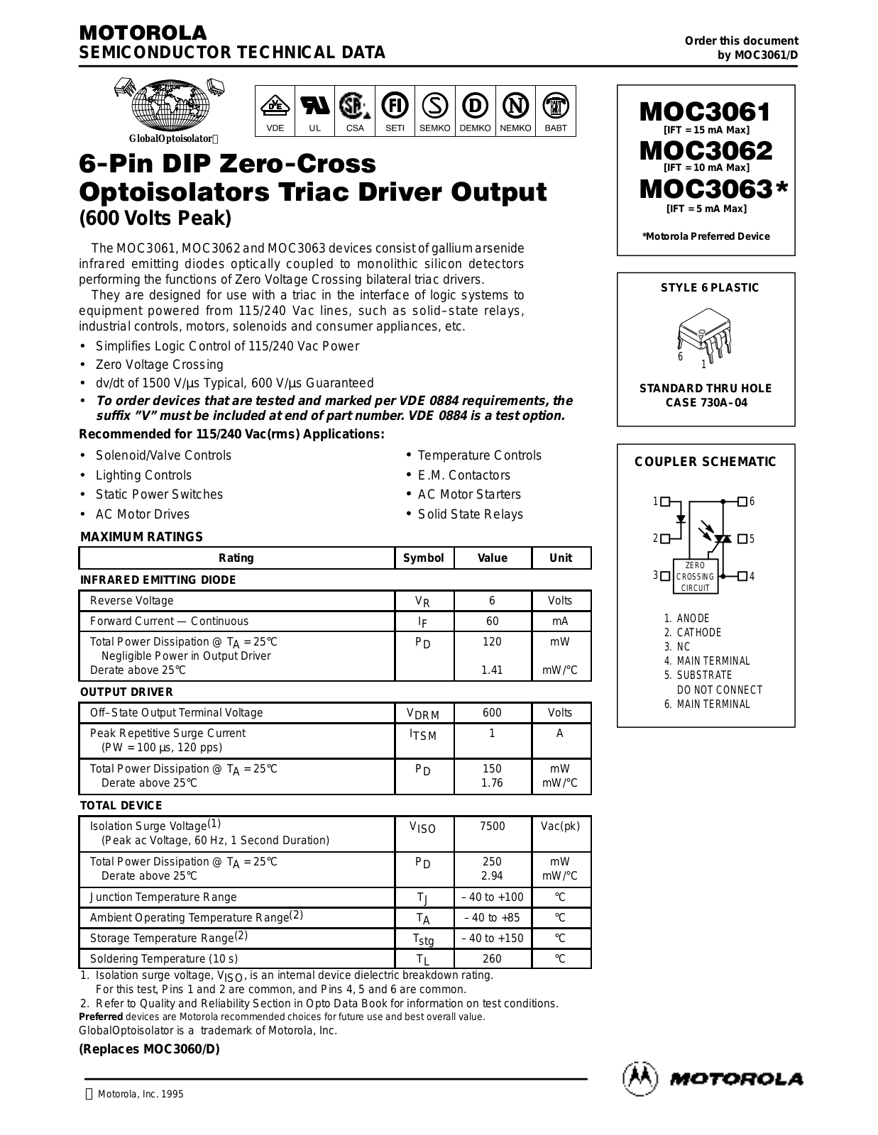 Motorola MOC3063, MOC3061, MOC3062 Datasheet