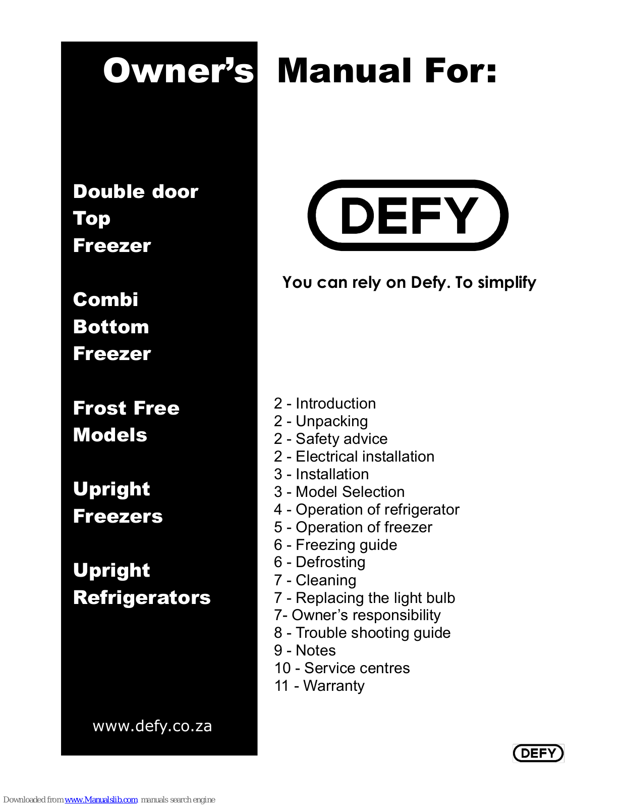 Defy Double door top freezer, combi bottom freezer, frost free, upright freezers, upright refrigerator Owner's Manual