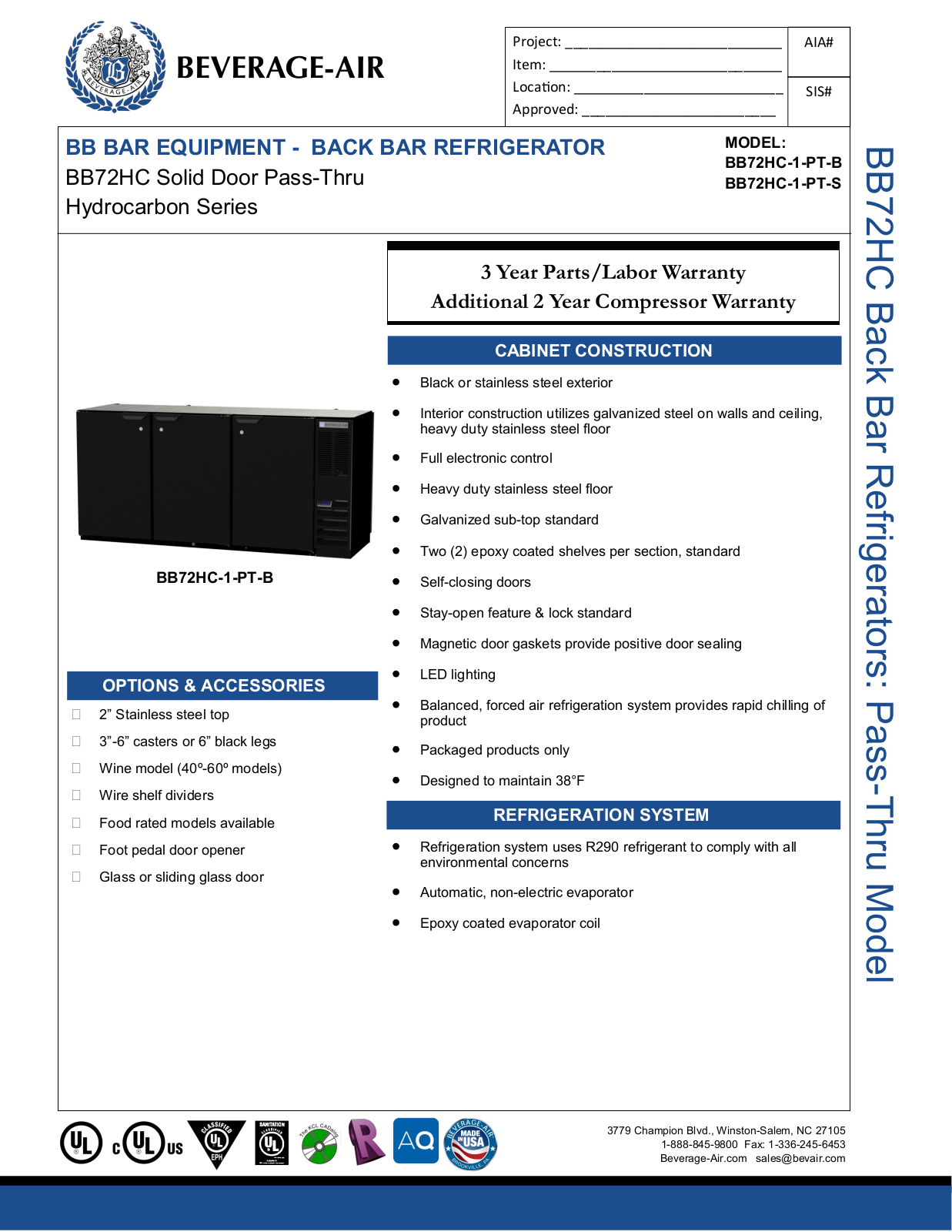 Beverage-Air BB72HC1PTS Specifications