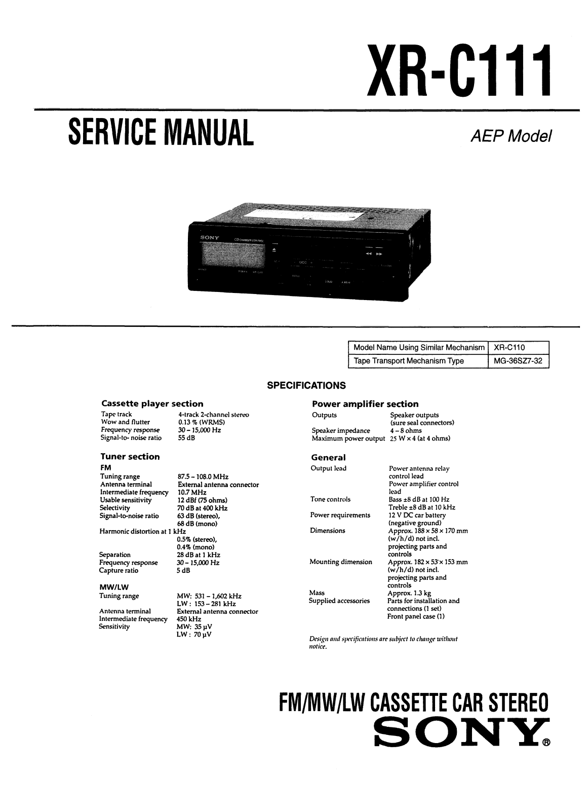 Sony XRC-111 Service manual