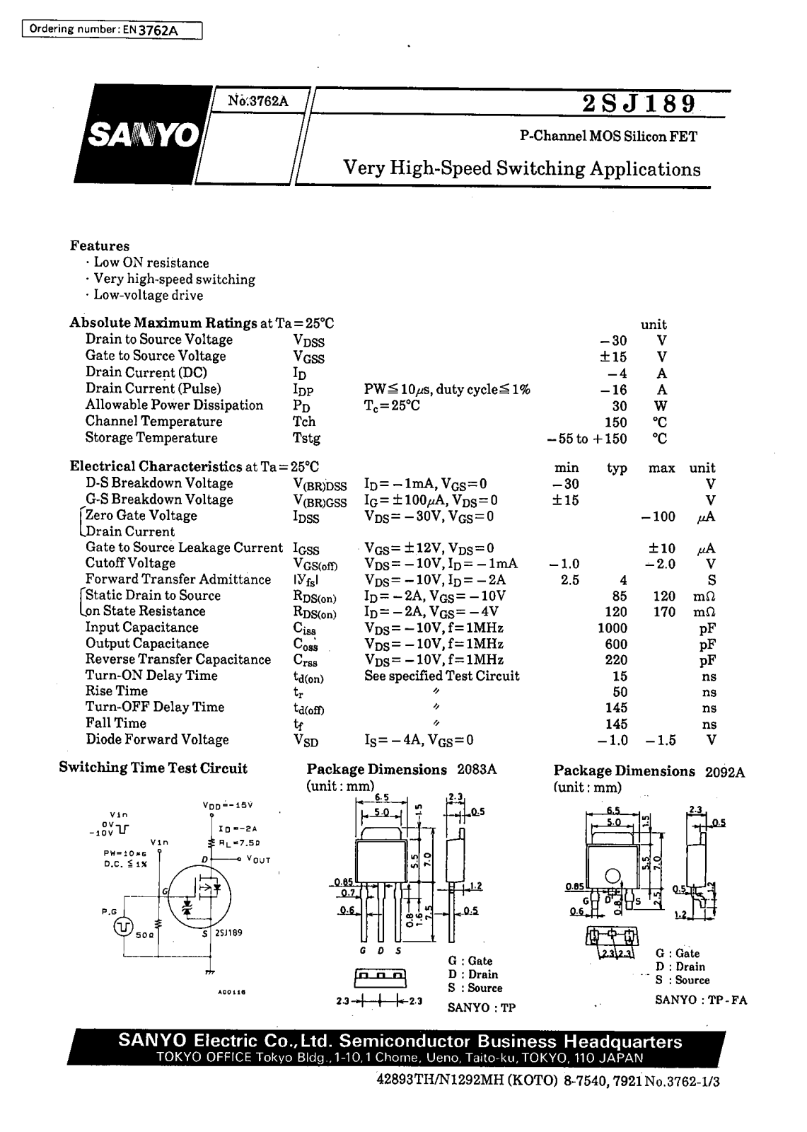 SANYO 2SJ189 Datasheet