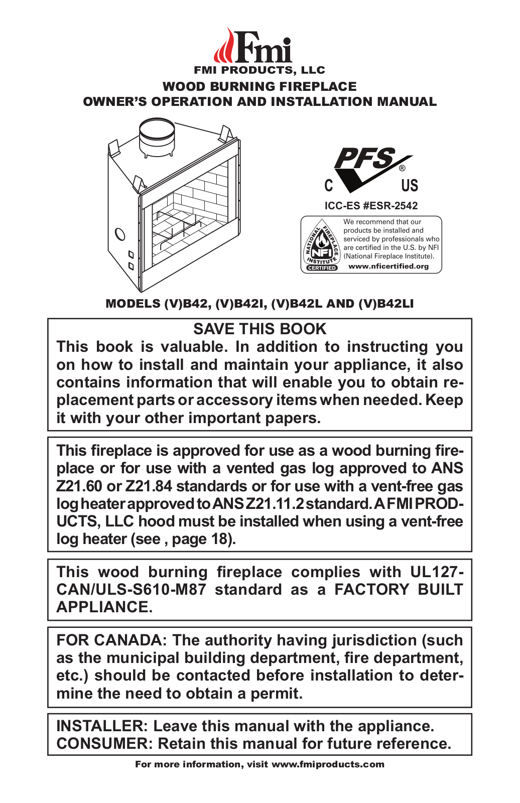 FMI B42, B42I, B42L, B42LI, VB42 Owner's Operation & Installation Manual