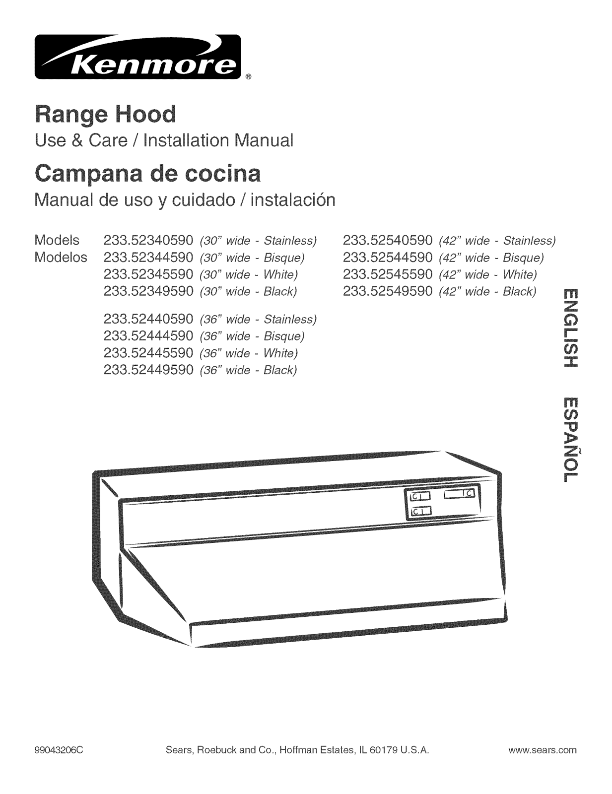 Kenmore 42 Range Hood  52544, 42 Deluxe Range Hood 5254, 36 Deluxe Range Hood 5244, 30 Range Hood  52344, 36 Range Hood  52444 Installation Guide