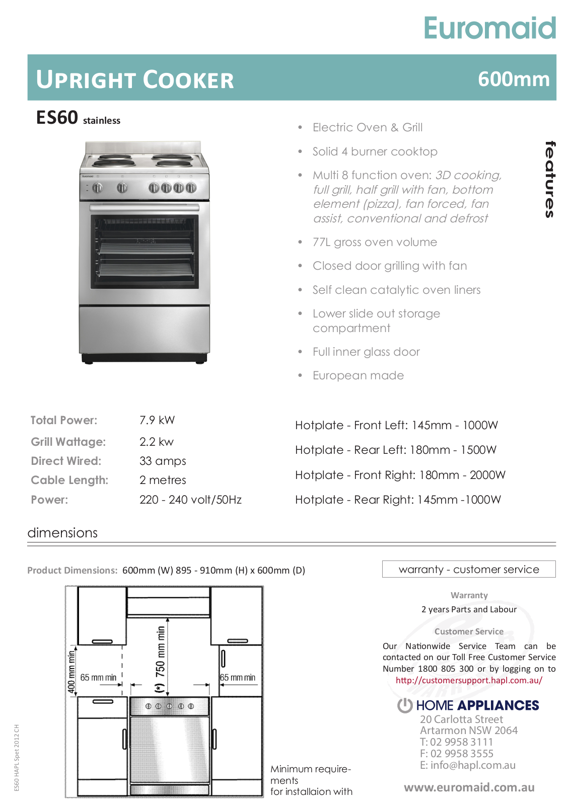 Euromaid ES60 Specifications Sheet