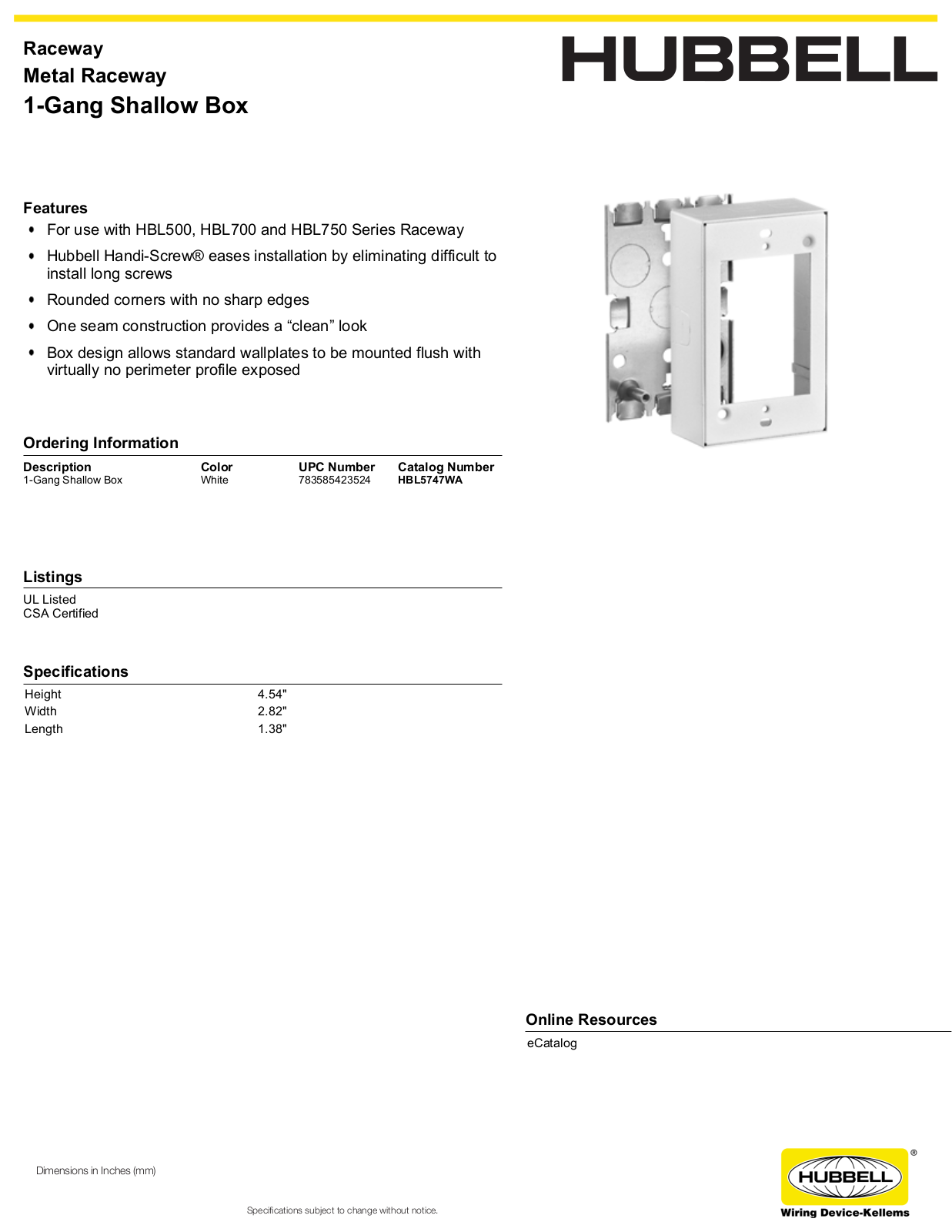 Hubbell HBL5747WA Specifications