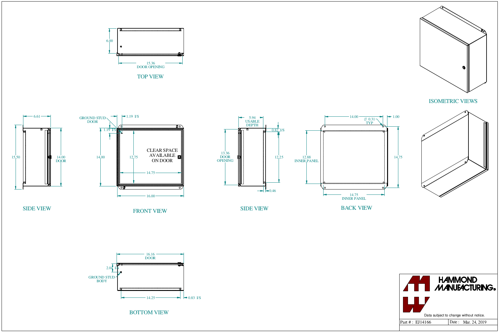 Hammond Manufacturing EJ14166 technical drawings