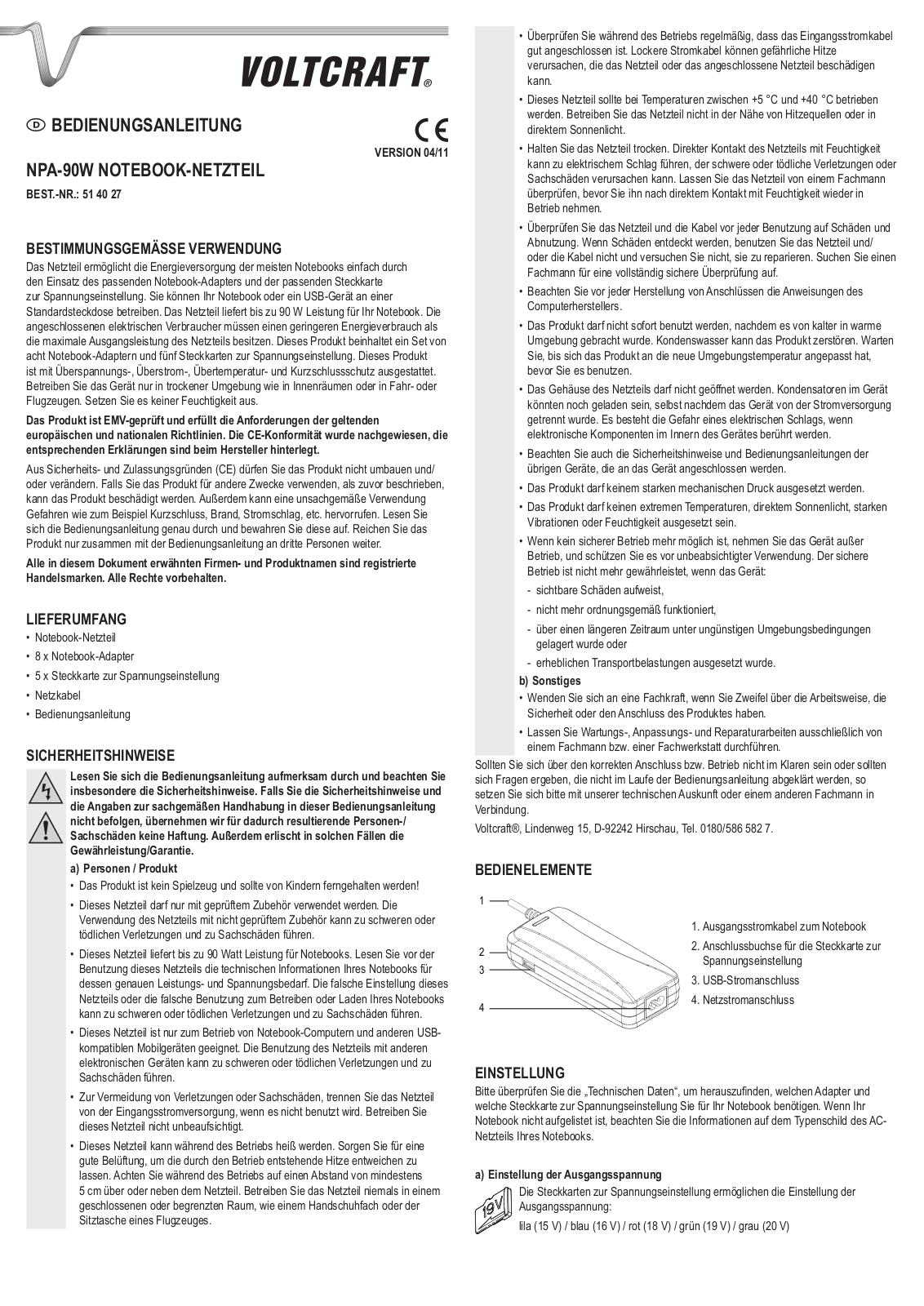 VOLTCRAFT NPA-90W Operating Instructions