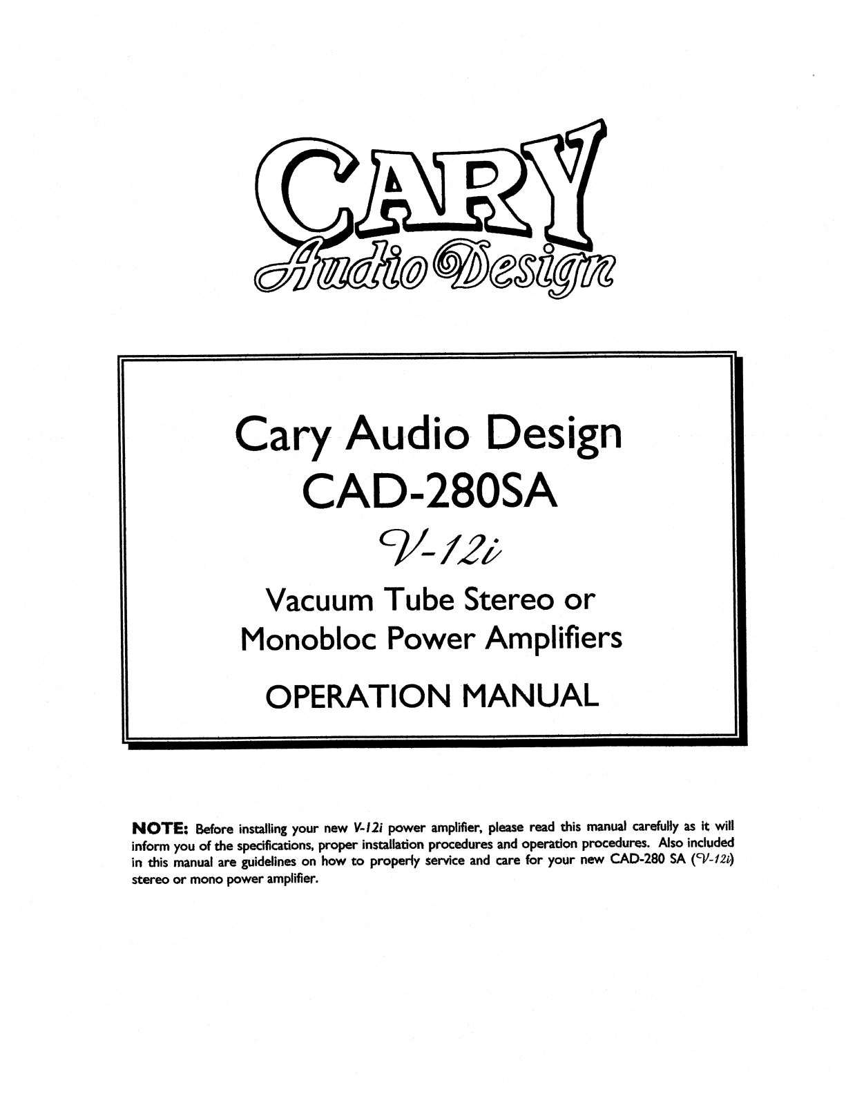 Cary Audio CAD 280SA V12i Owner's Manual