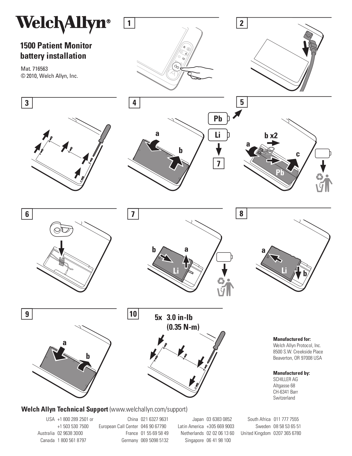 Welch Allyn Diagnostic Sets Other, Sheet, Inst, Batt Install, Li-Ion, Welch Allyn 1500 series Monitor User Manual