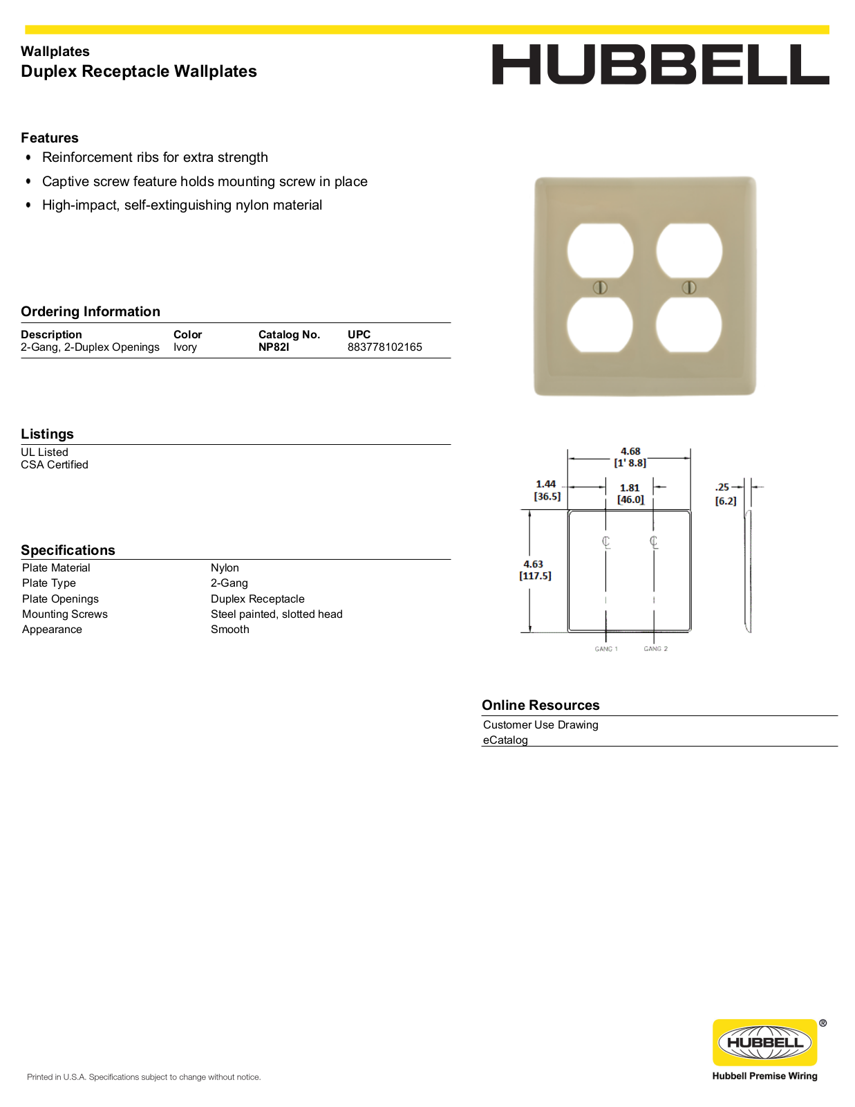 Hubbell NP82I Specifications