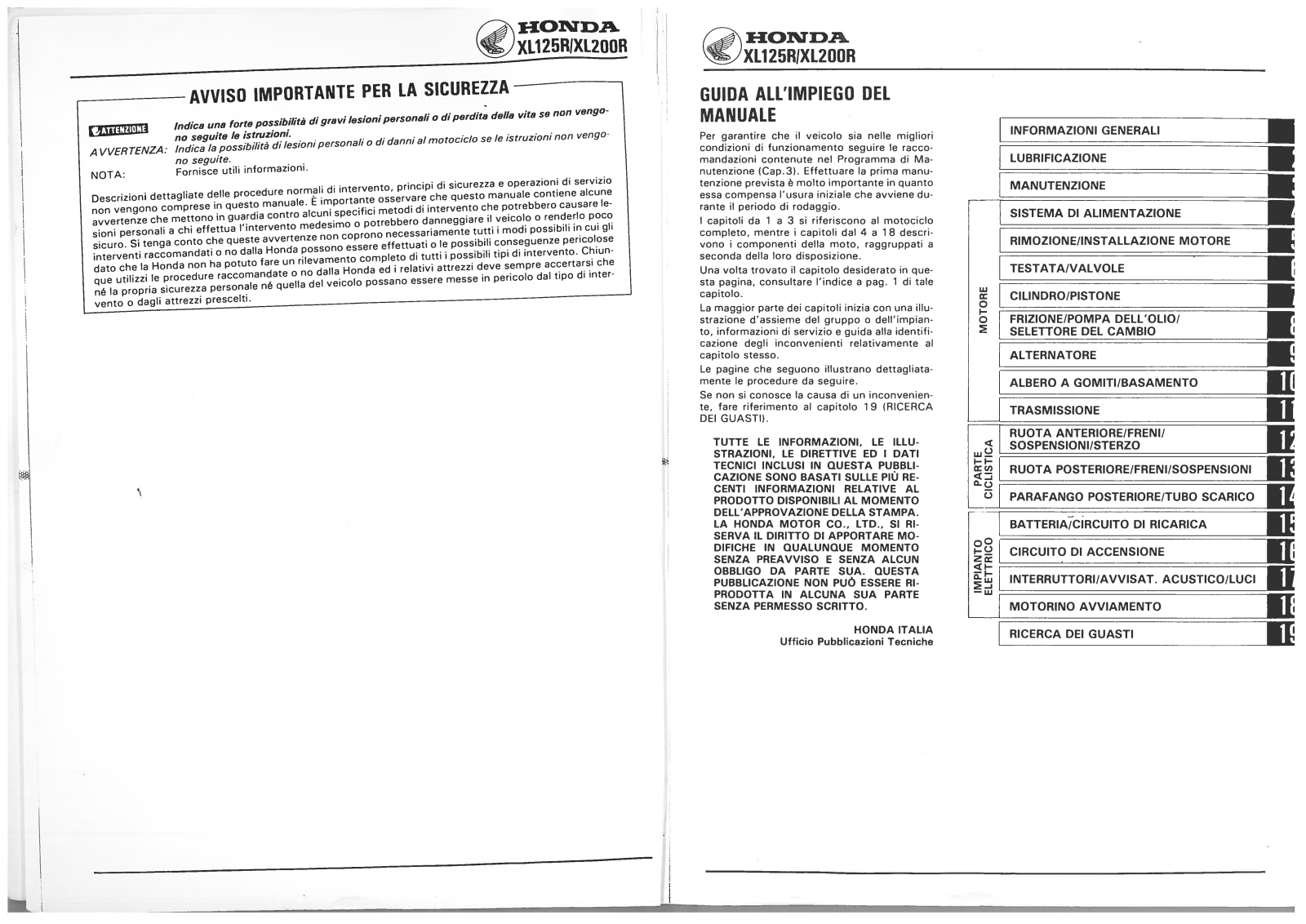 Honda xl125r, xl200r user manual