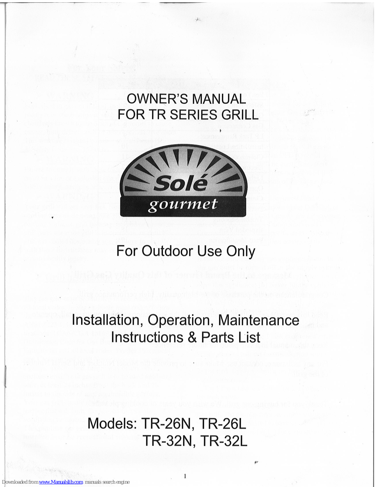 Sole Gourmet TR-26N, TR-26L, TR-32N, TR-32L Installation, Operation And Instruction Manual - ManualMachine.com