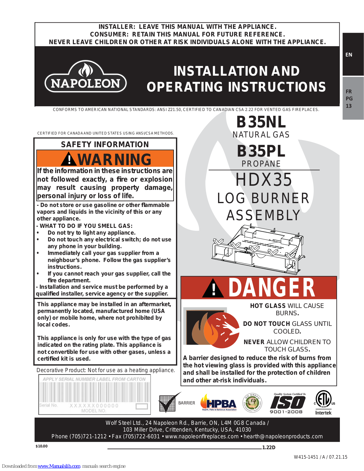 Napoleon HDX35 Installation And Operating Instructions Manual