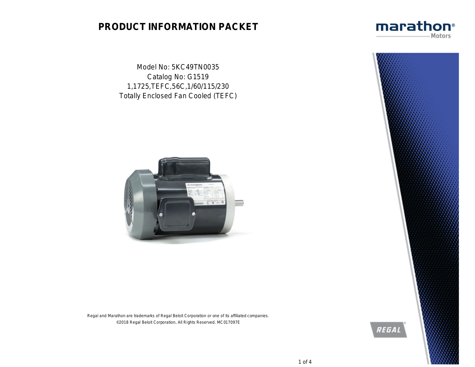 Marathon Electric 5KC49TN0035 Product Information Packet