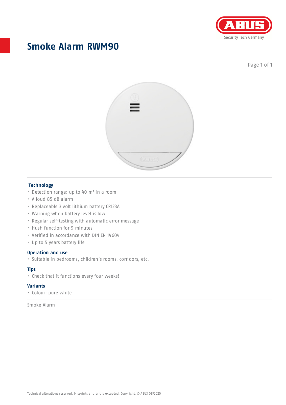 ABUS Smoke Alarm RWM90 Service Manual