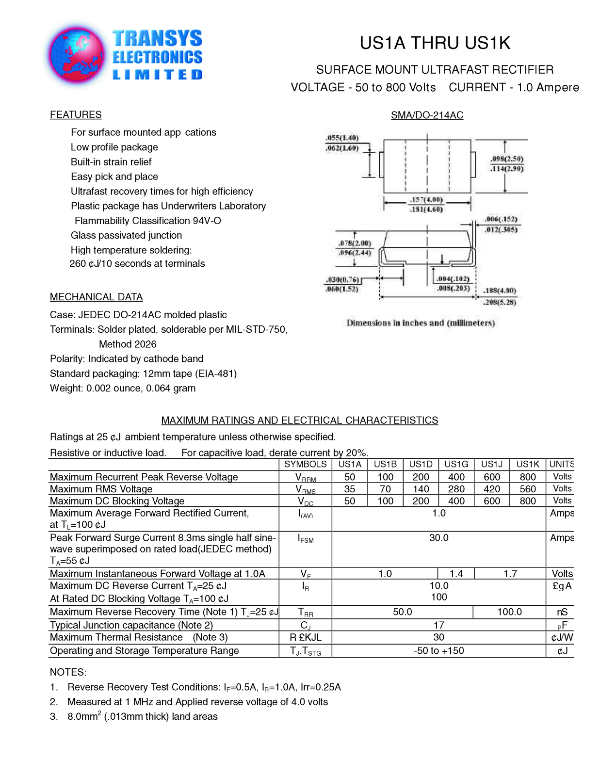 TEL US1K, US1B, US1D, US1J, US1G Datasheet