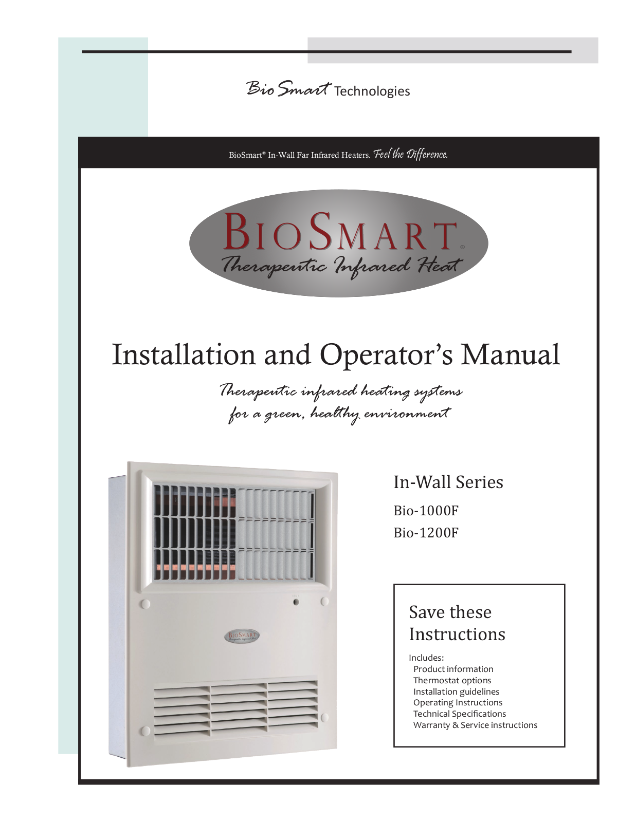 Bio Smart Technologies In-Wall, Bio-1000F, Bio-1200F Installation And Operator's Manual