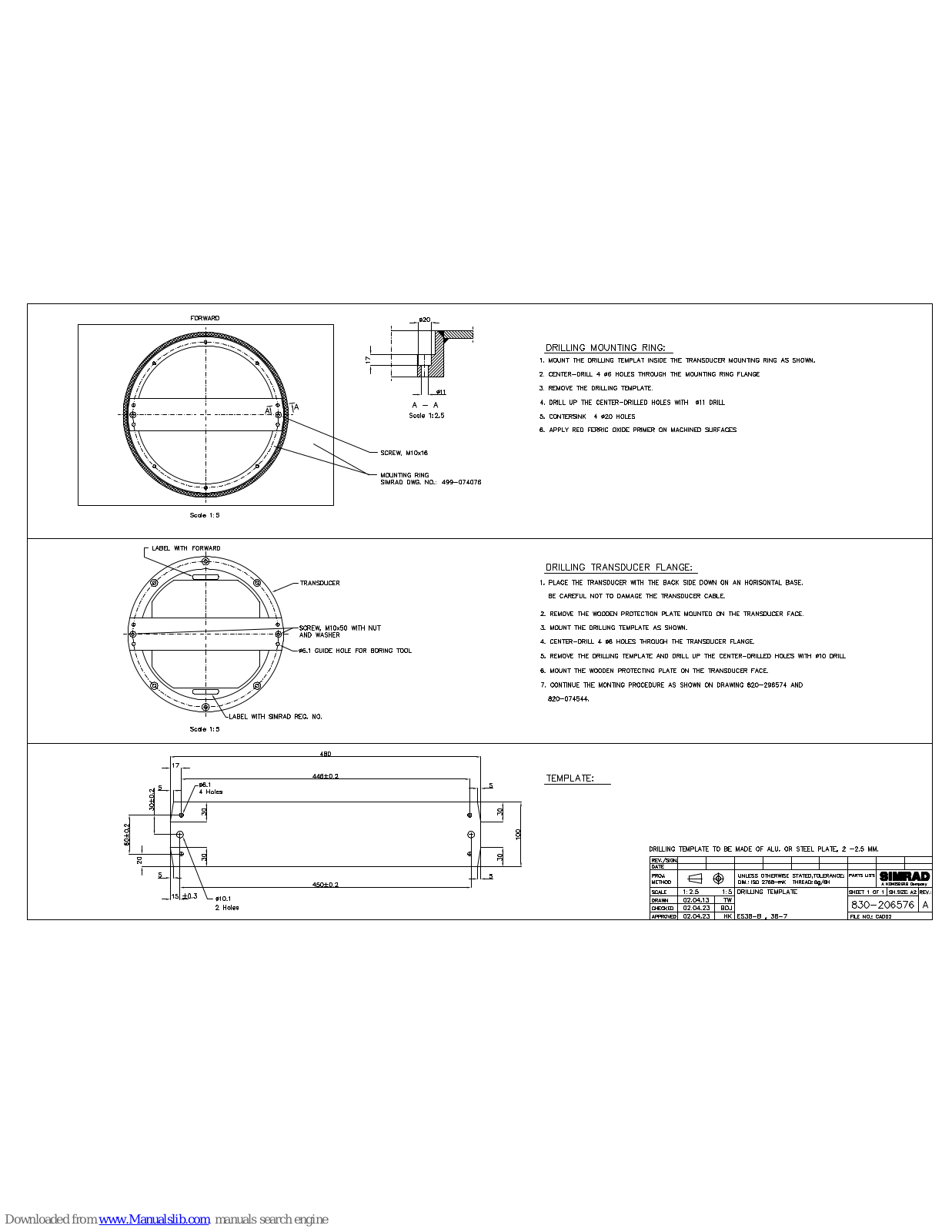 Simrad SUPPORT BEAM DRILLING TEMPLATE - SCHEMA REV A, SUPPORT BEAM DRILLING TEMPLATE Template Manual