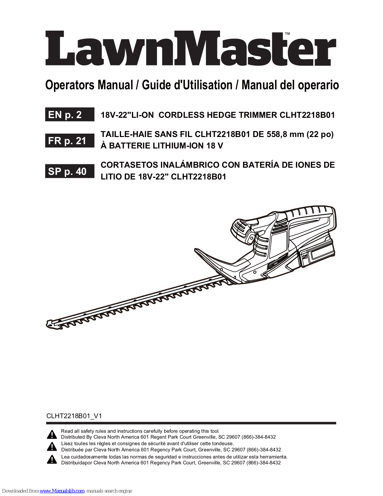 LawnMaster CLHT2218B01 Operator's Manual