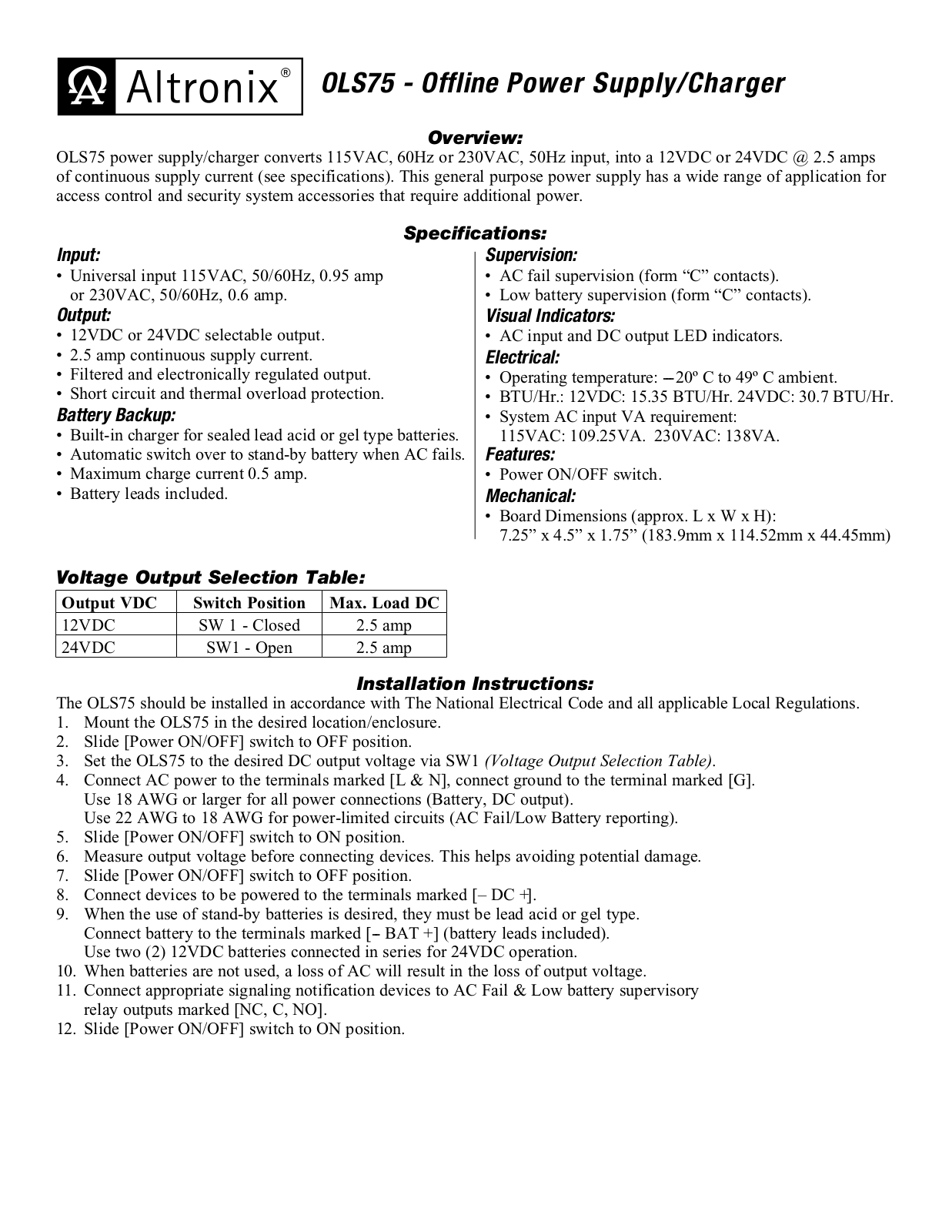 Altronix OLS75 Installation Instructions