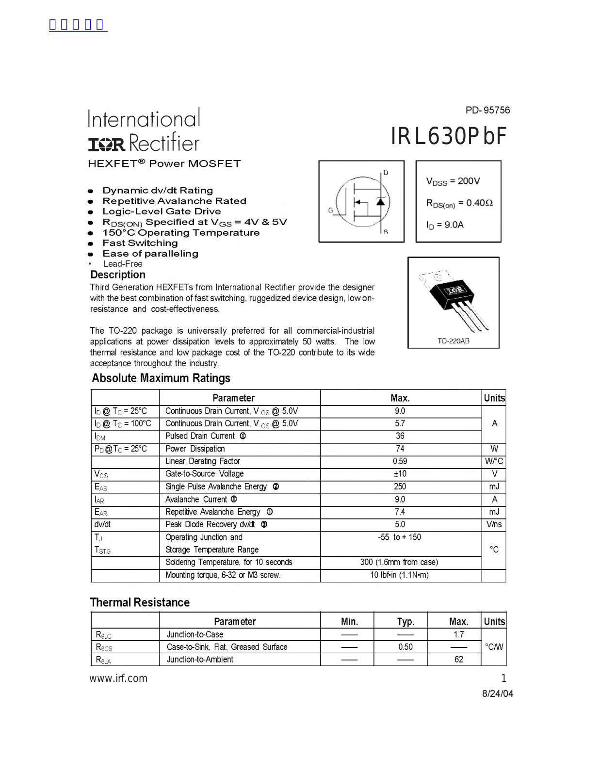 International Rrectifier IRL630PbF User Manual