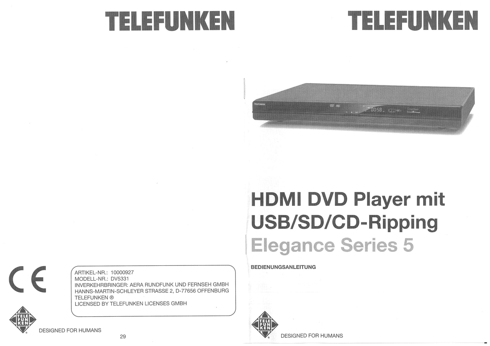 Telefunken HDMI DVD Player mit USB/SD/CD-Ripping INSTRUCTION MANUAL