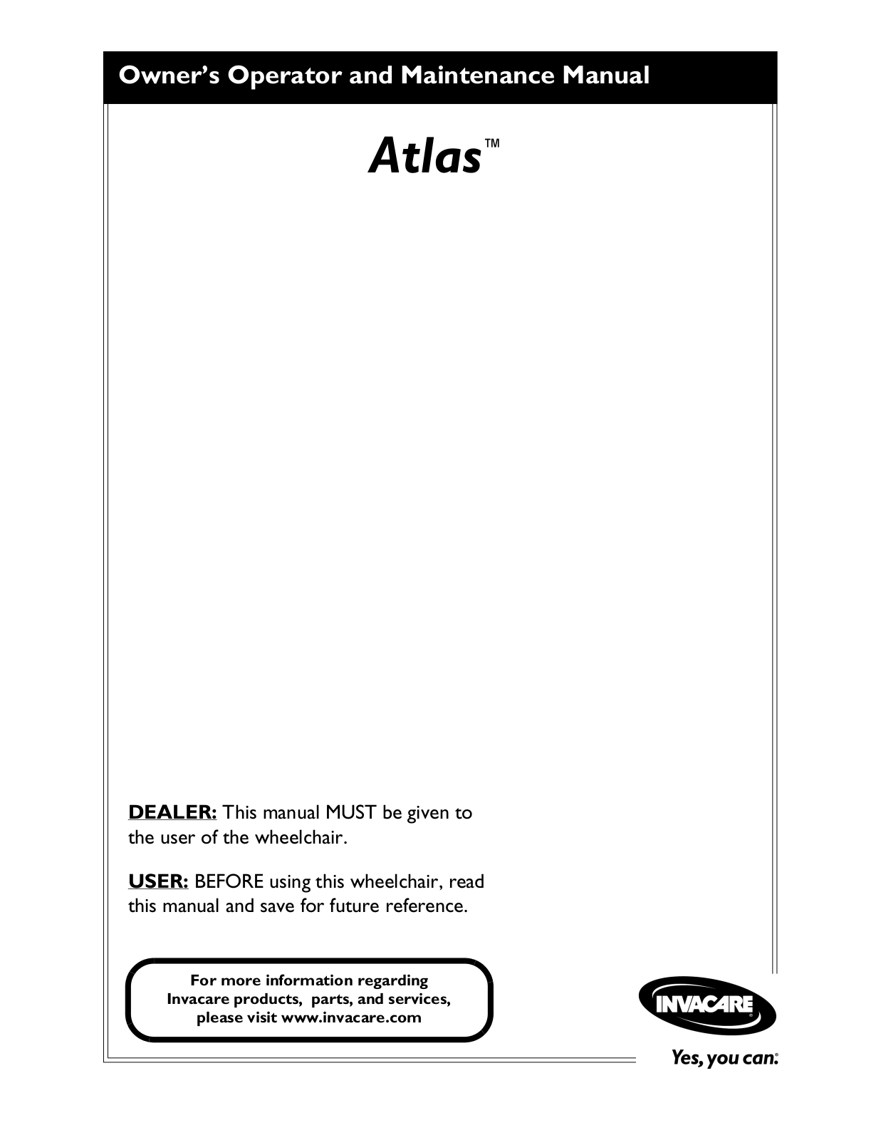 Invacare Wheelchair Atlas User Manual