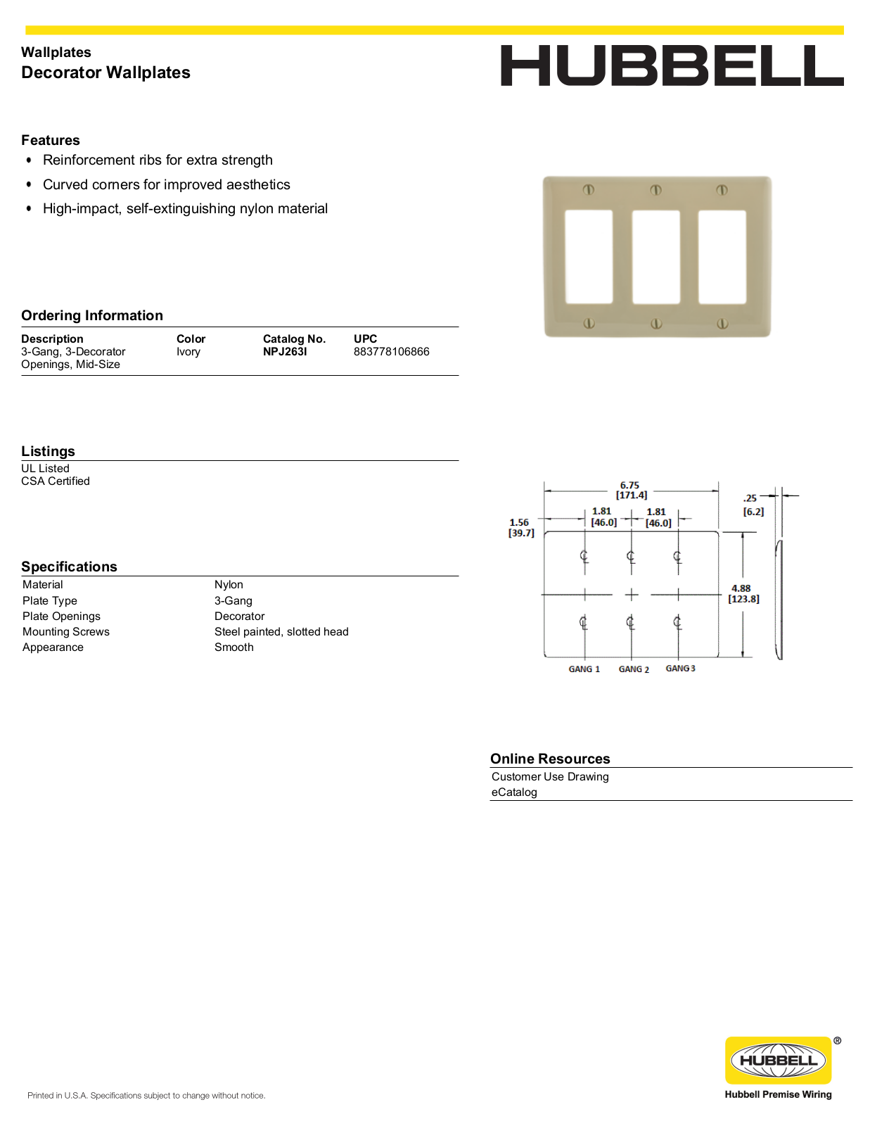 Hubbell NPJ263I Specifications