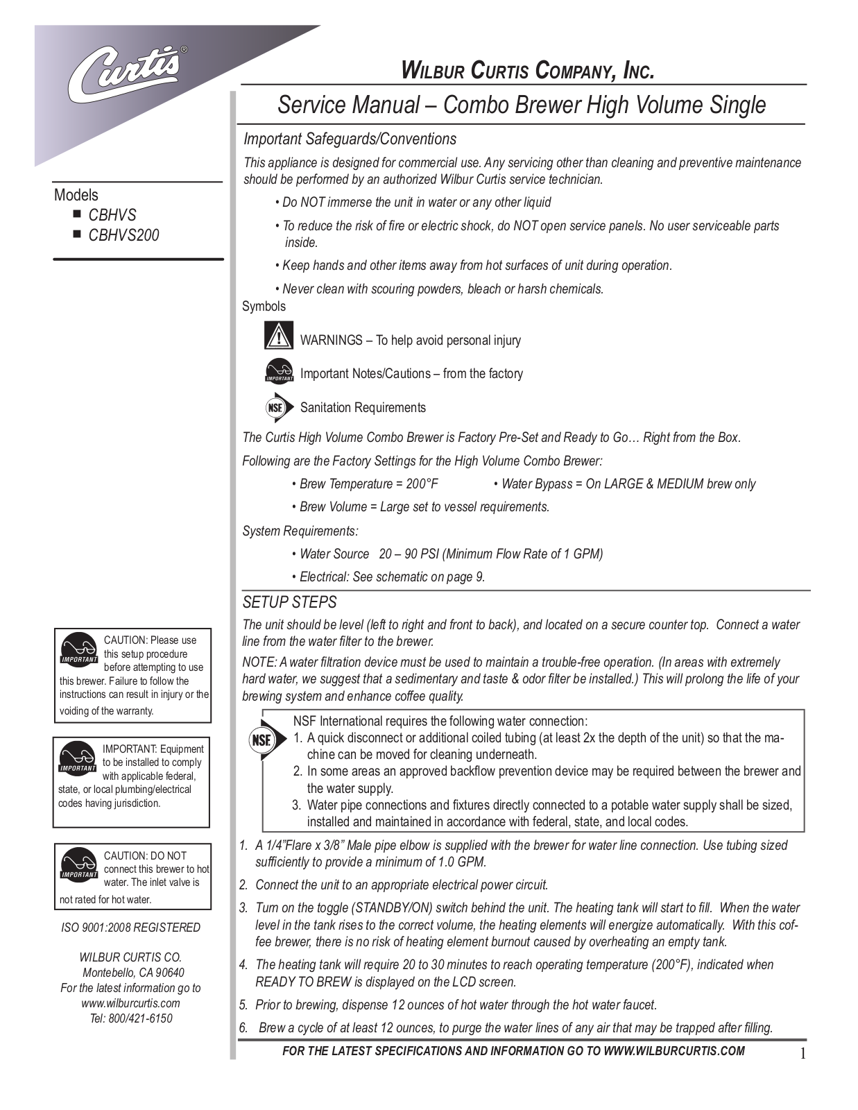 Wilbur Curtis CBHVS Service Manual