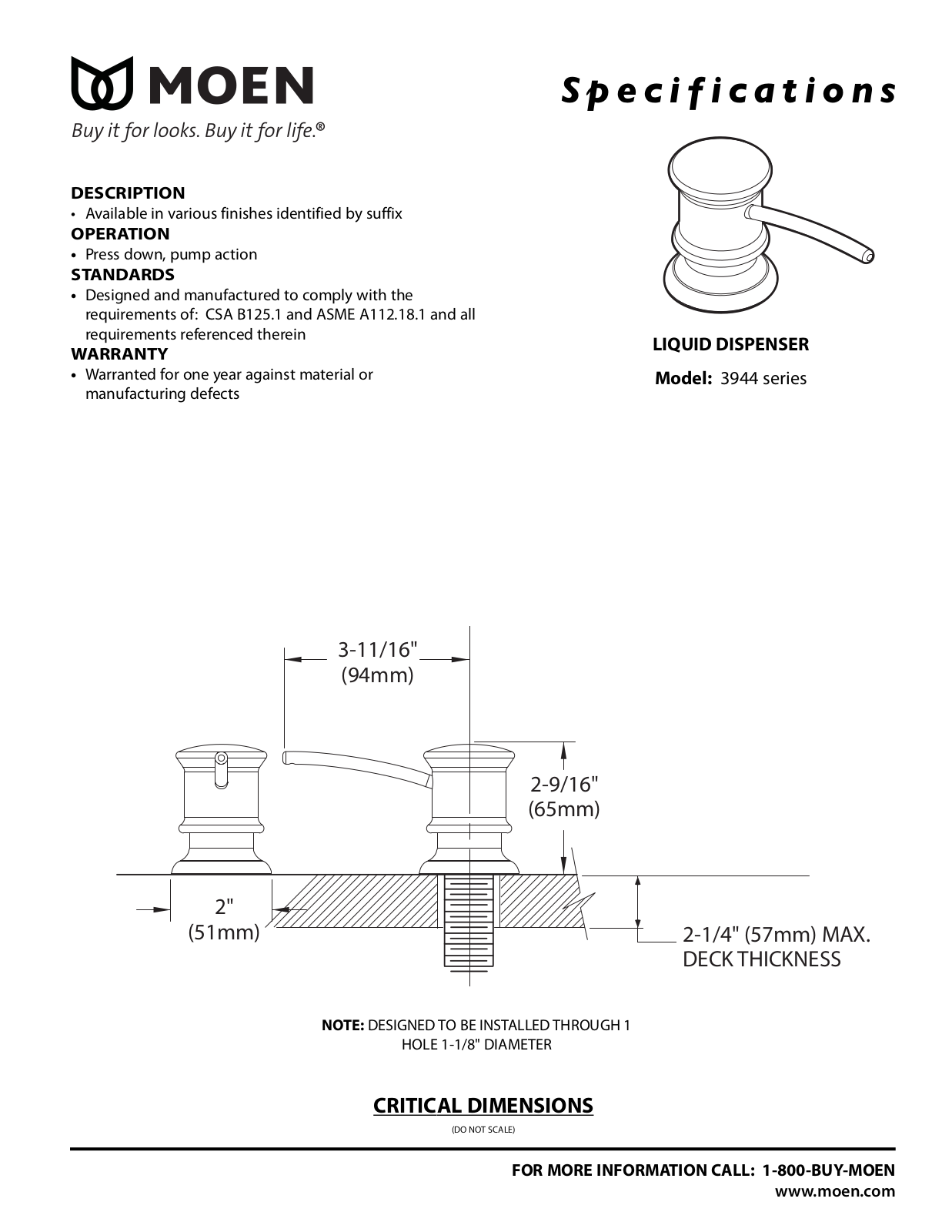 Moen 3944 Specs