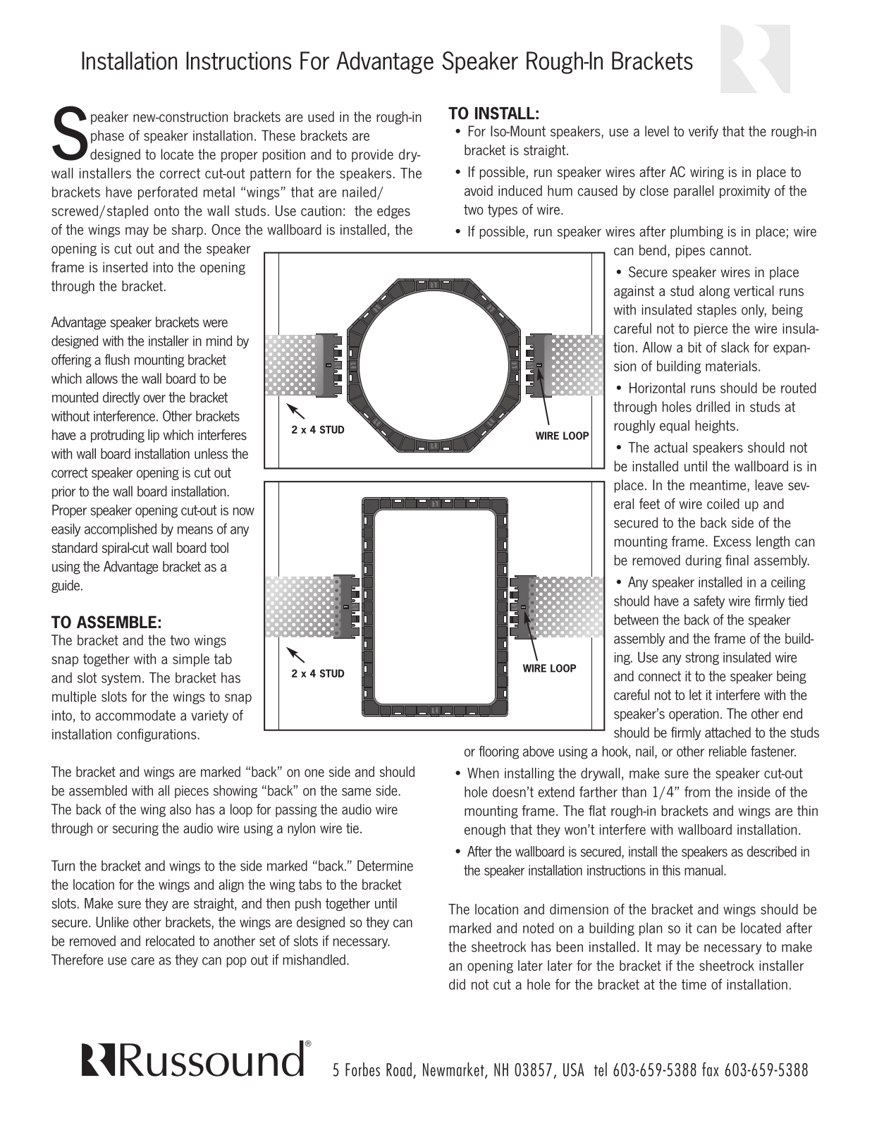 Russound ADVANTAGE SPEAKER ROUGH-IN BRACKET User Manual