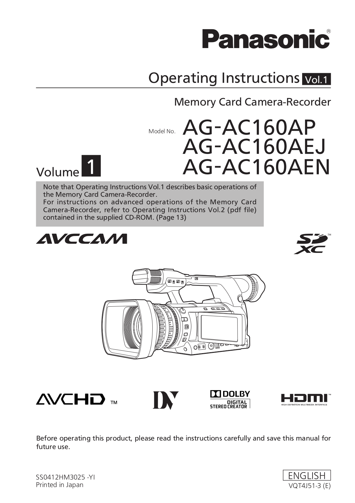 Panasonic ag-ac160a operating instructions