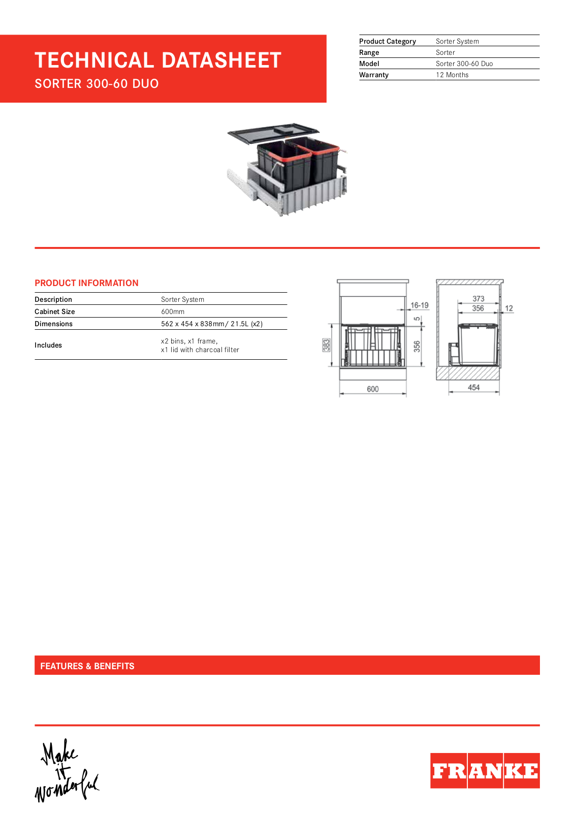 Franke SORTER300-60DUO Specifications Sheet