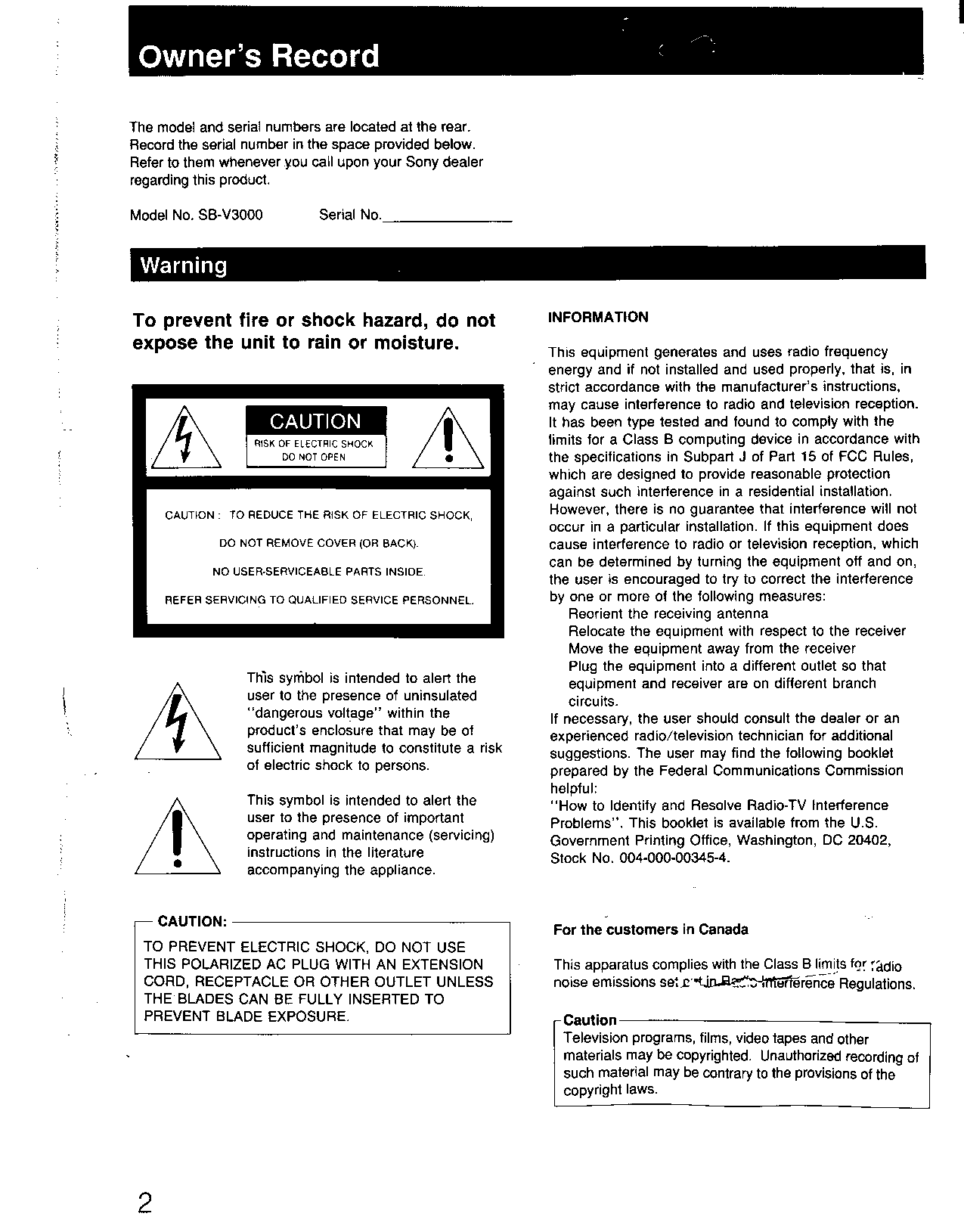 Sony SBV3000 User Manual