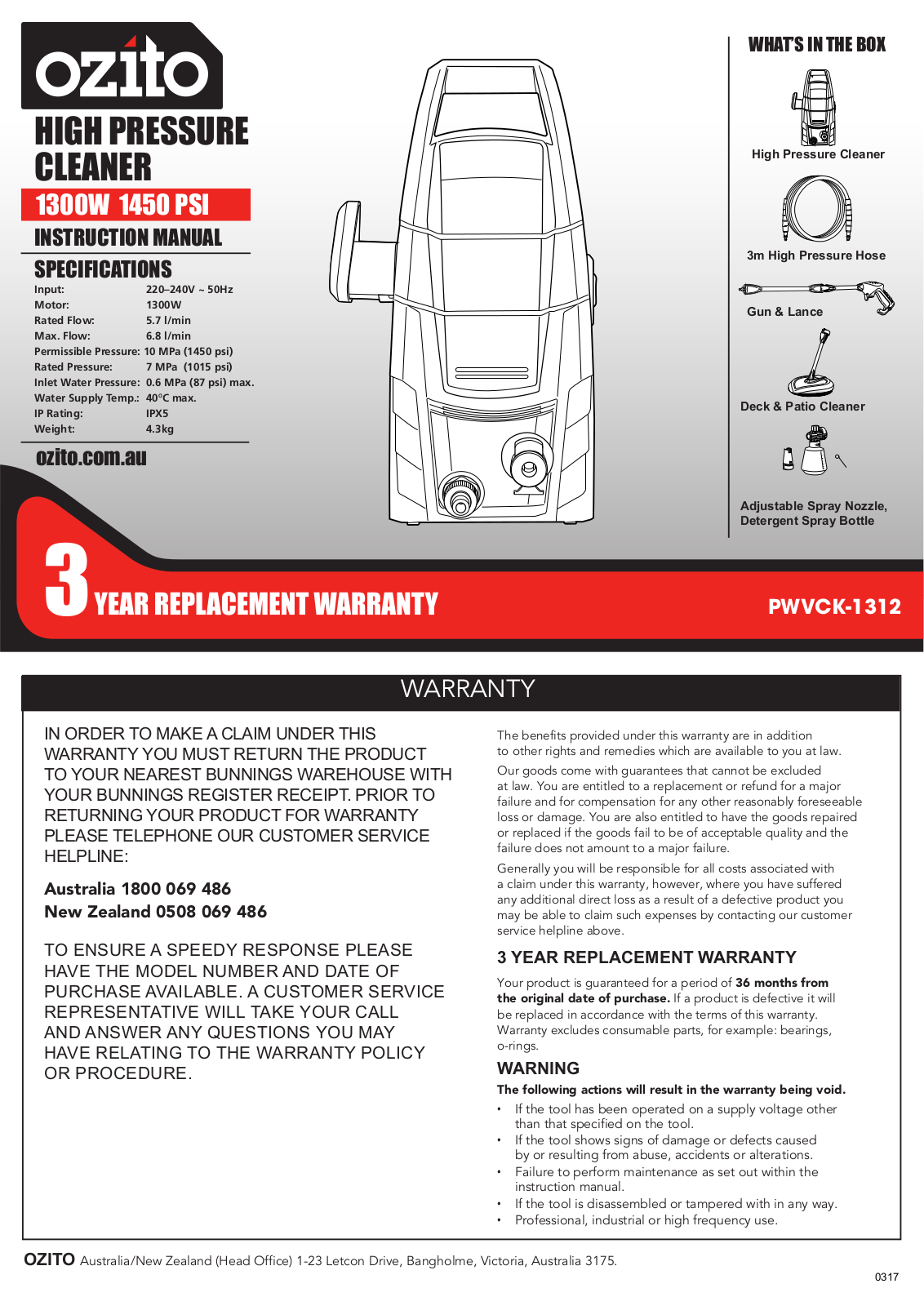 Ozito PWVCK-1312 User Manual