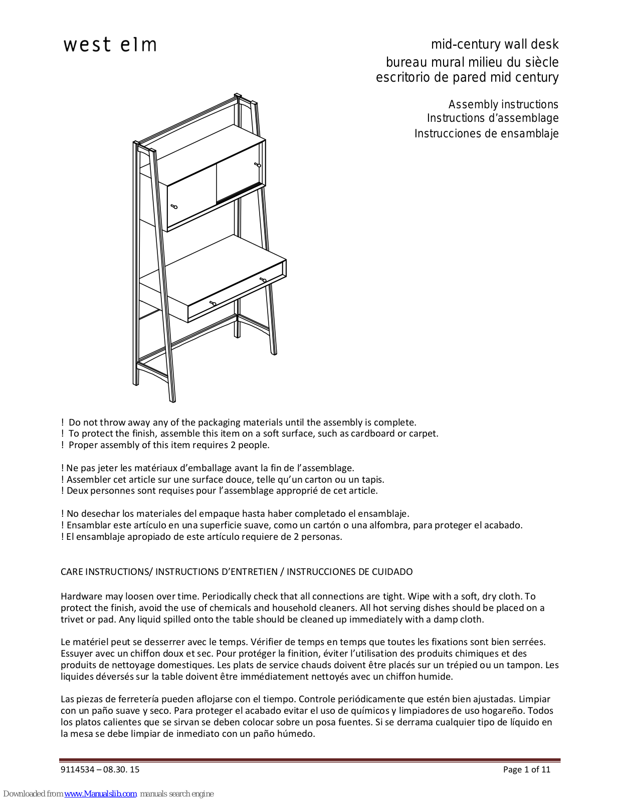 West Elm Mid-century wall desk, 9114534 Assembly Instructions