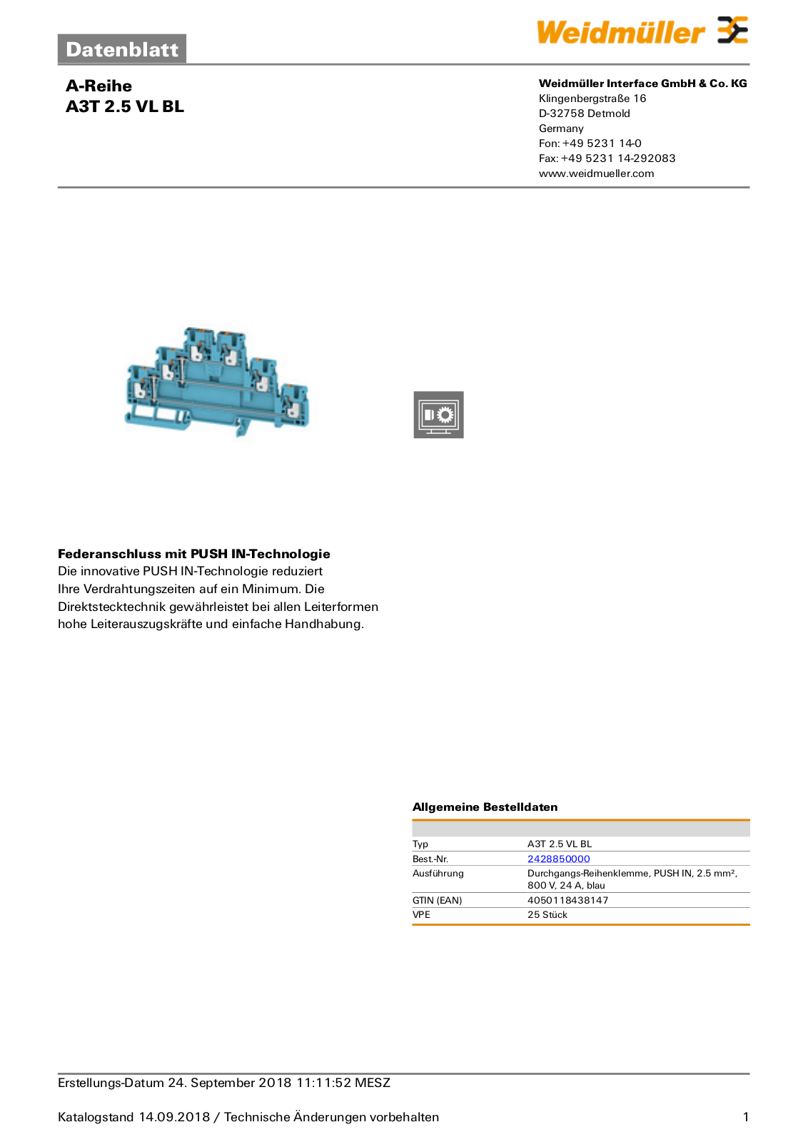 WEIDMÜLLER A3T 2.5 VL BL Datasheet