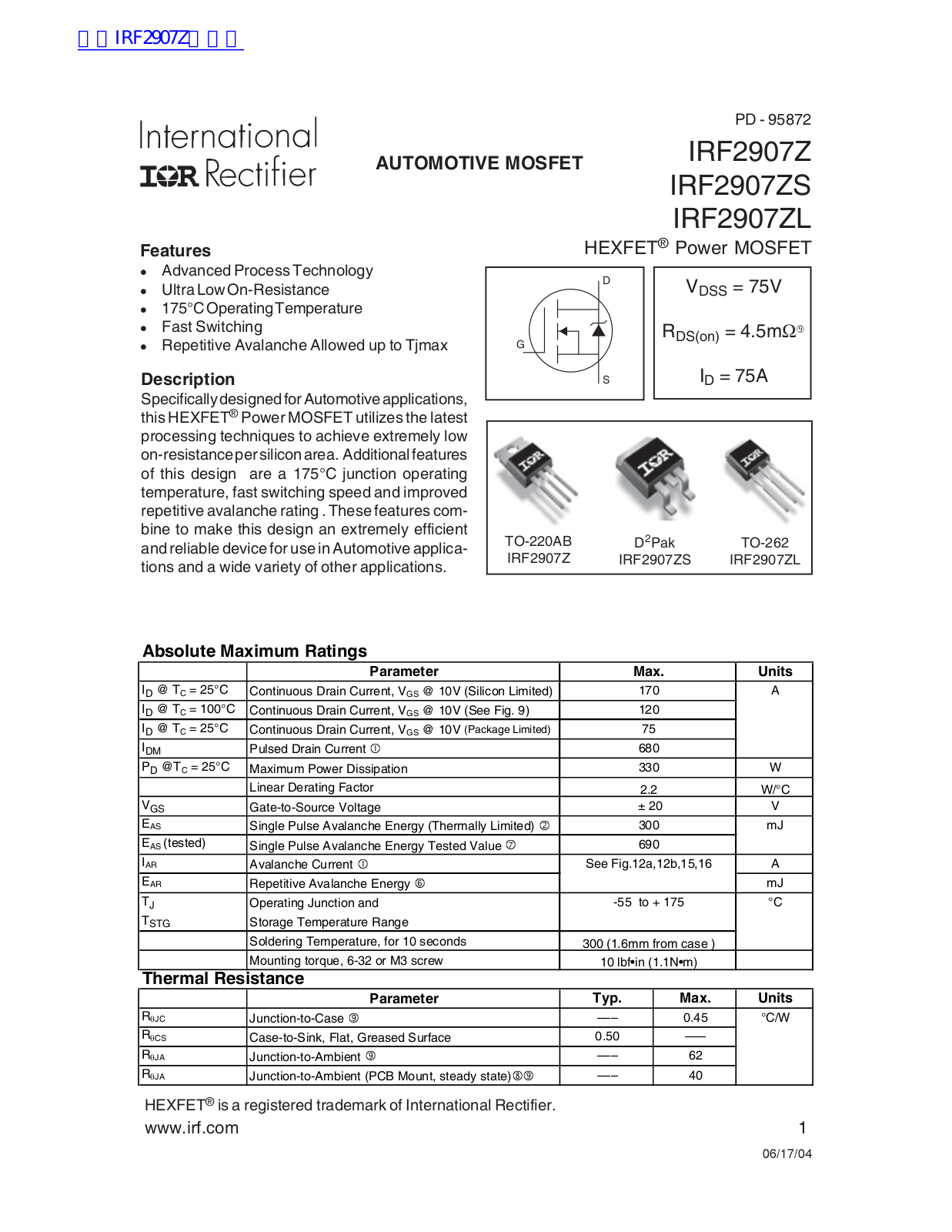 IOR IRF2907Z, IRF2907ZS, IRF2907ZL User Manual