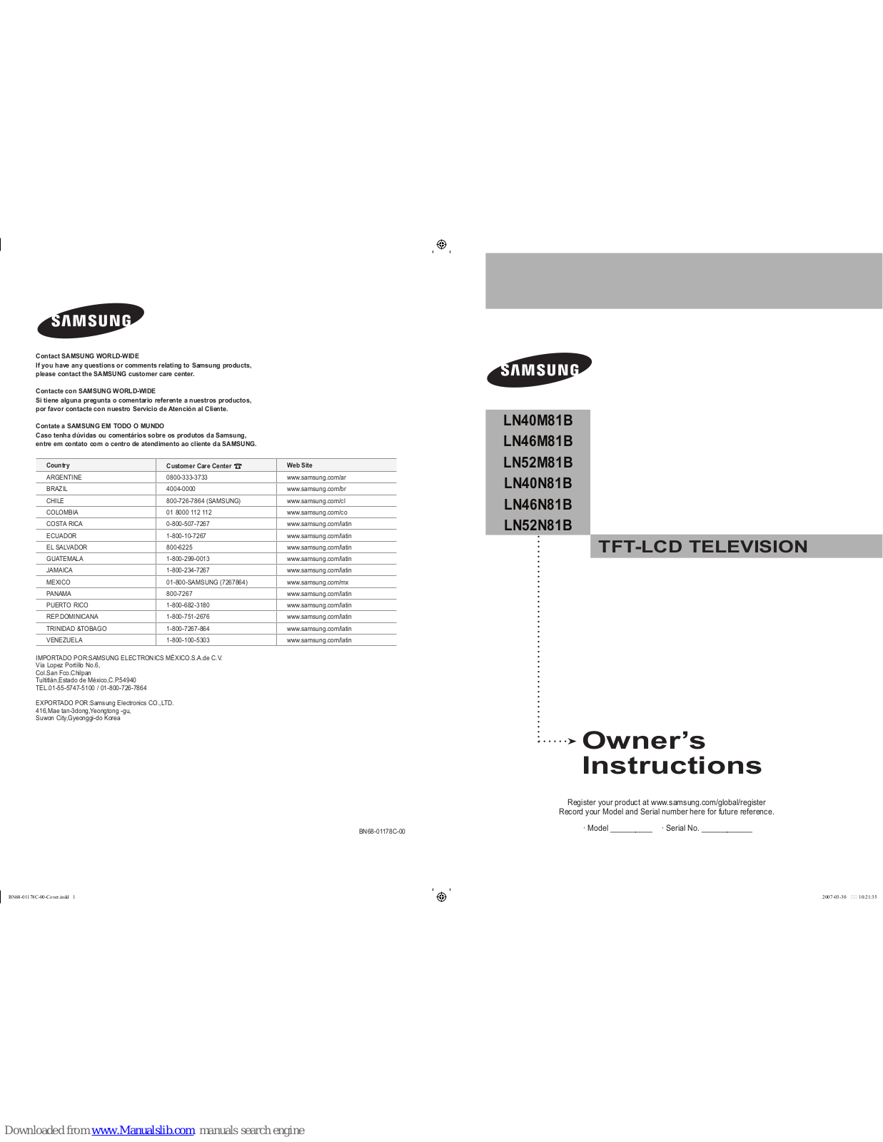 Samsung LN40M81B, LN46M81B, LN52N81B, LN52M81B, LN40N81B Owner's Instructions Manual