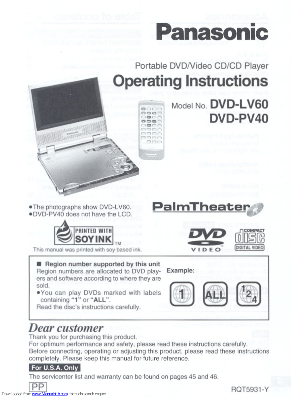 Panasonic PalmTheater DVD-PV40, PalmTheater DVD-LV60, DVD-LV60PP, DVD-LV60PPS, DVDLV60D Operating Instructions Manual