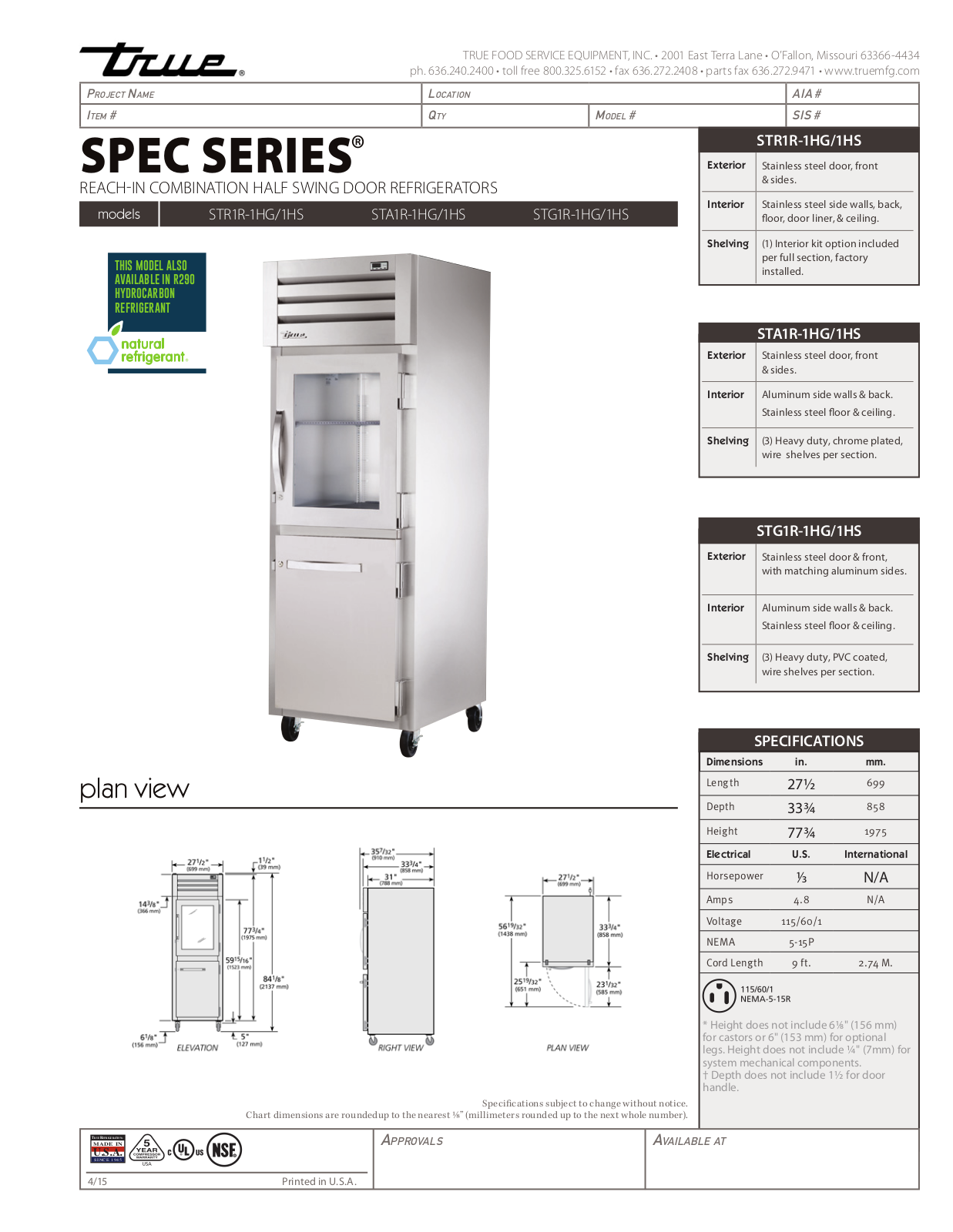 True STA1r-1HG-1HS User Manual