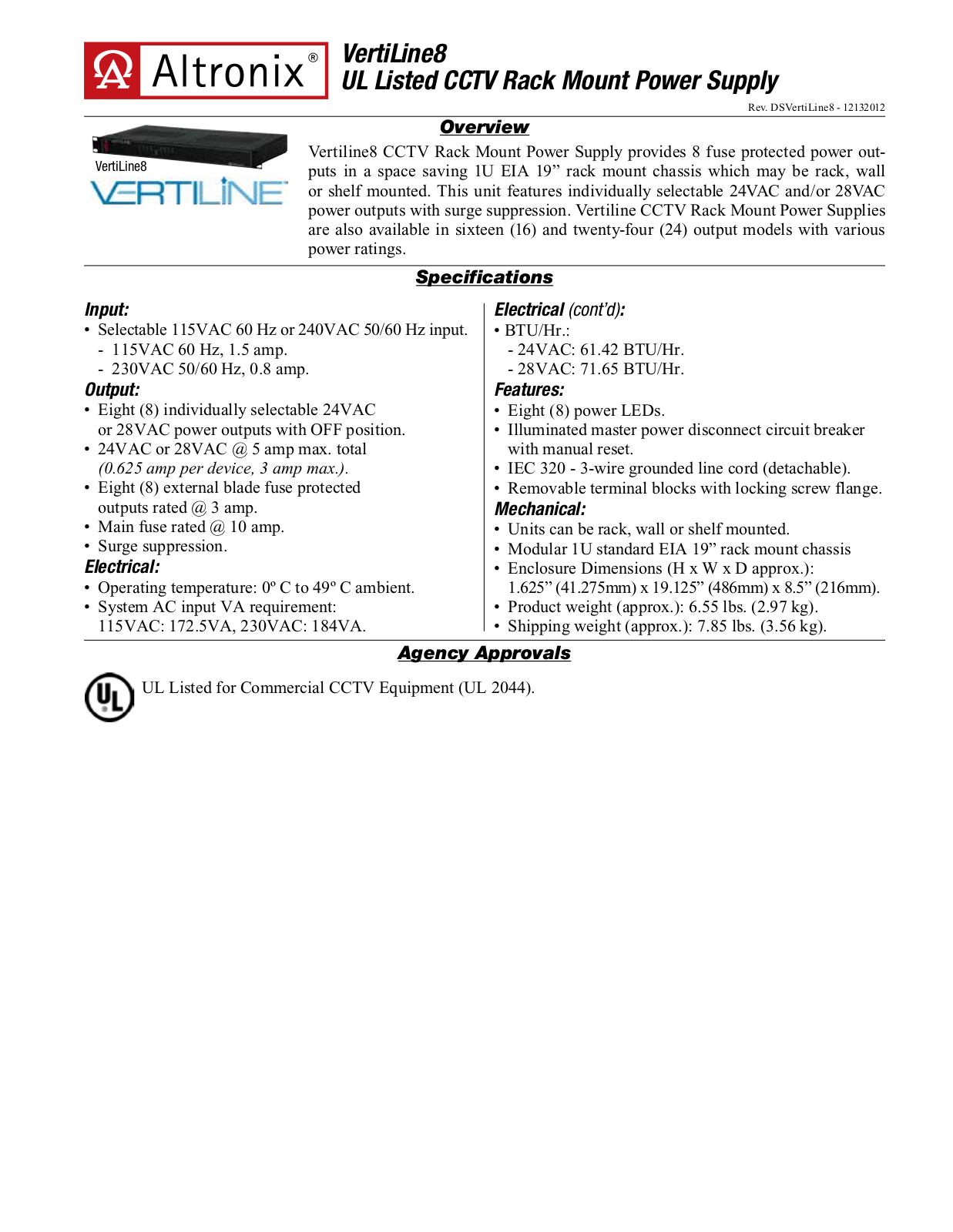 Altronix VertiLine8 Data Sheet