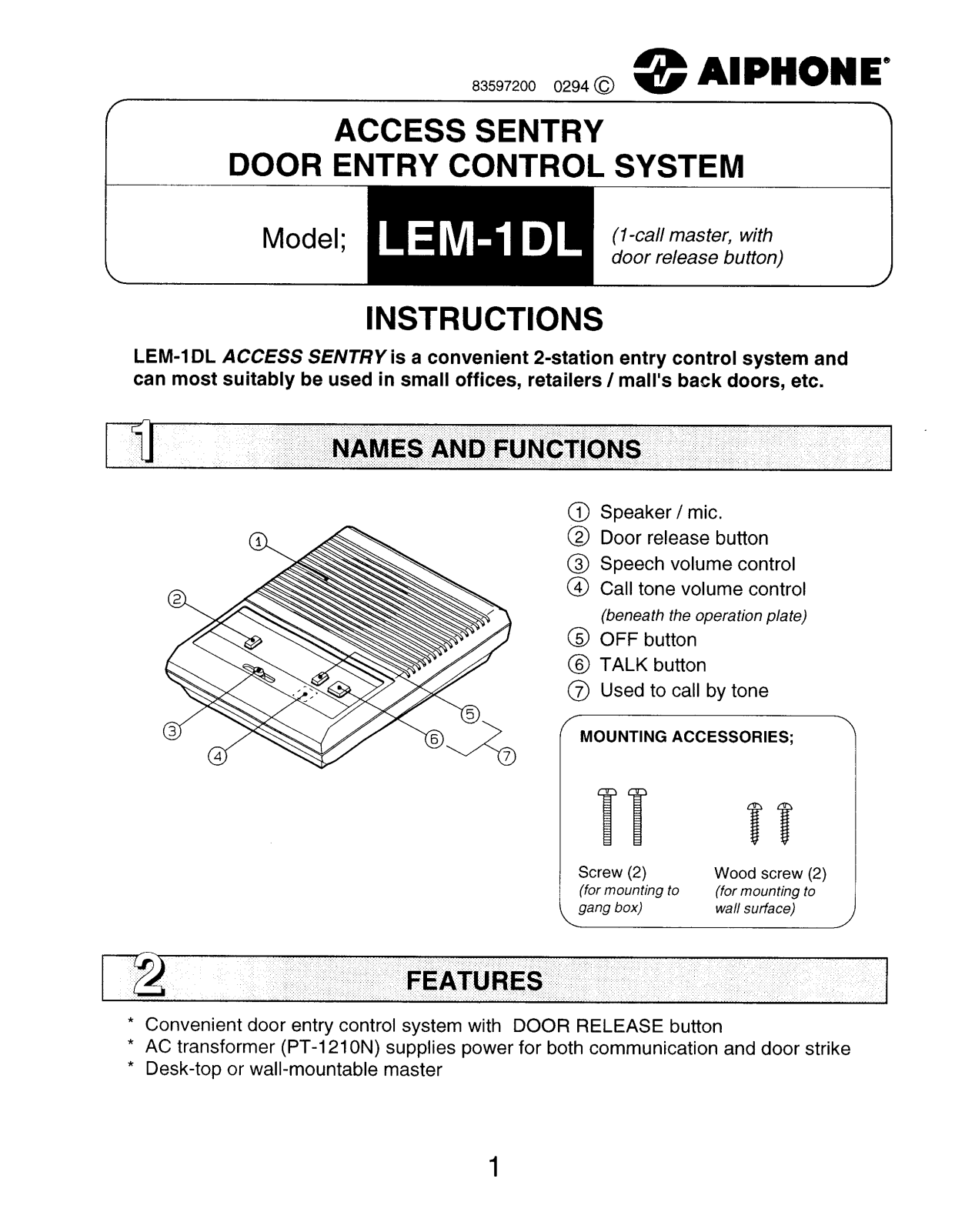 Aiphone LEM-1DL INSTALLATION INSTRUCTIONS