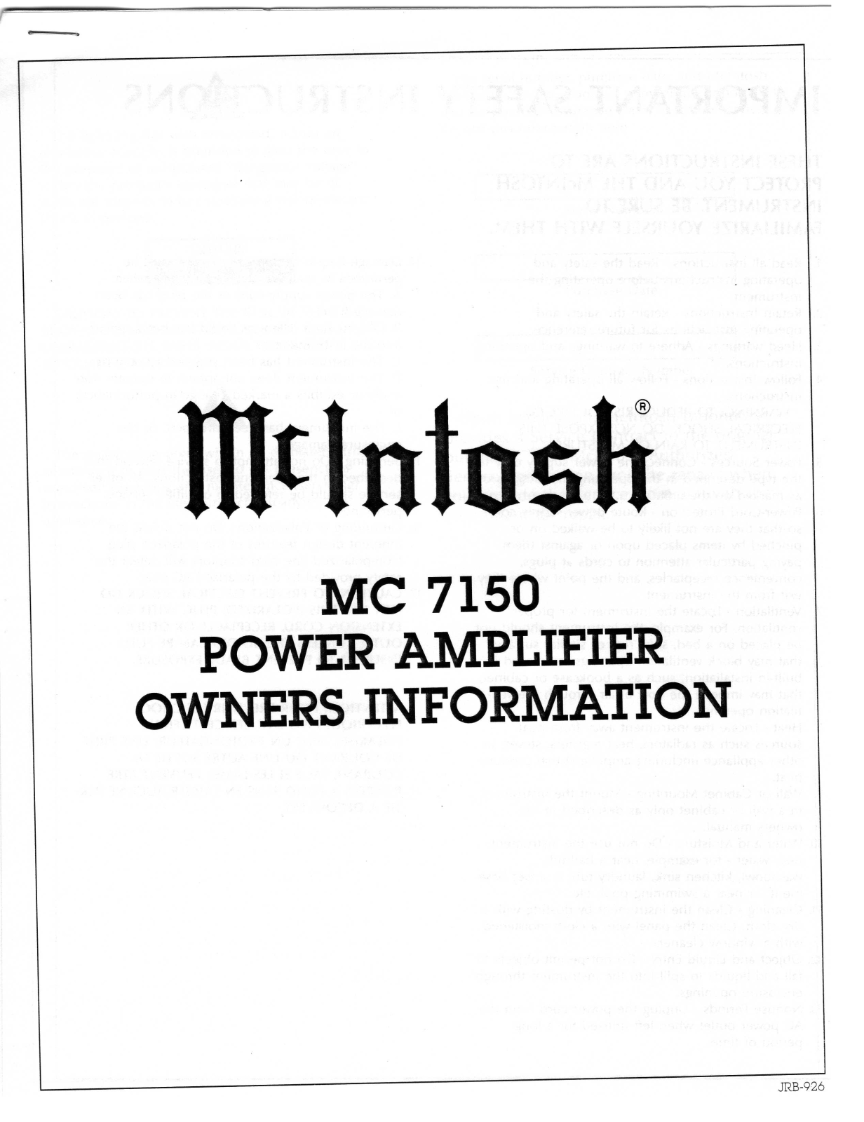 McIntosh MC-7150 Owners manual