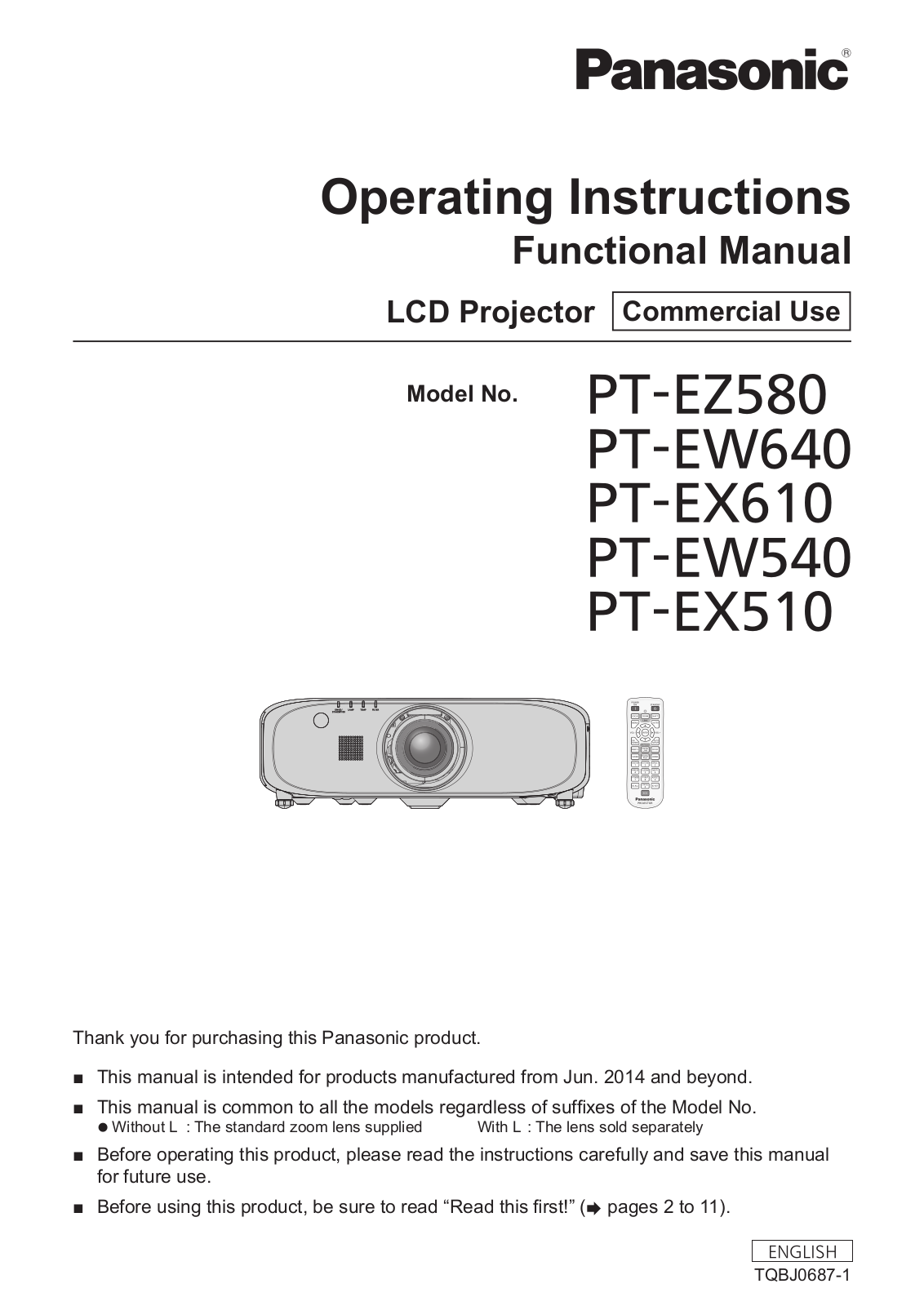 Panasonic PT-EW540, PT-EW640, PT-EX510, PT-EX610, PT-EZ580 Operating Instruction