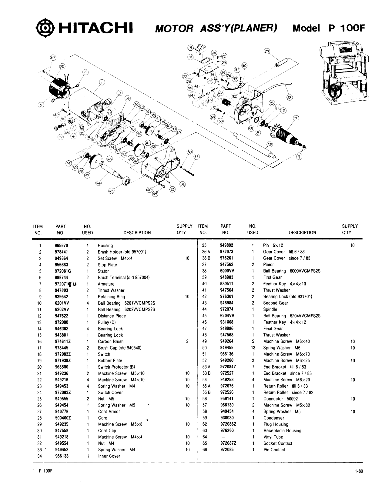 Hitachi P100F PARTS LIST